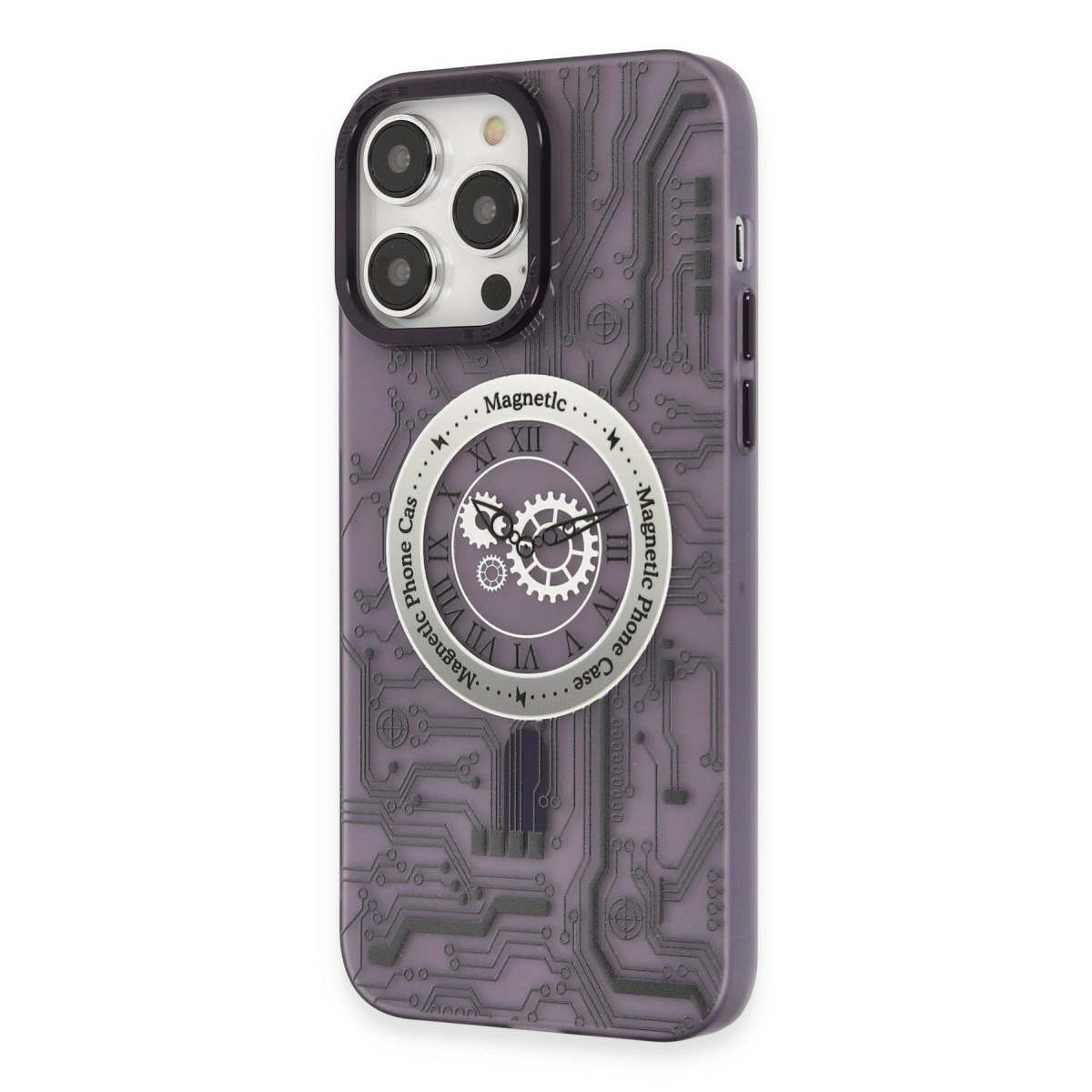 Devre kartı tasarımlı ve saat motifli mor telefon kılıfı.