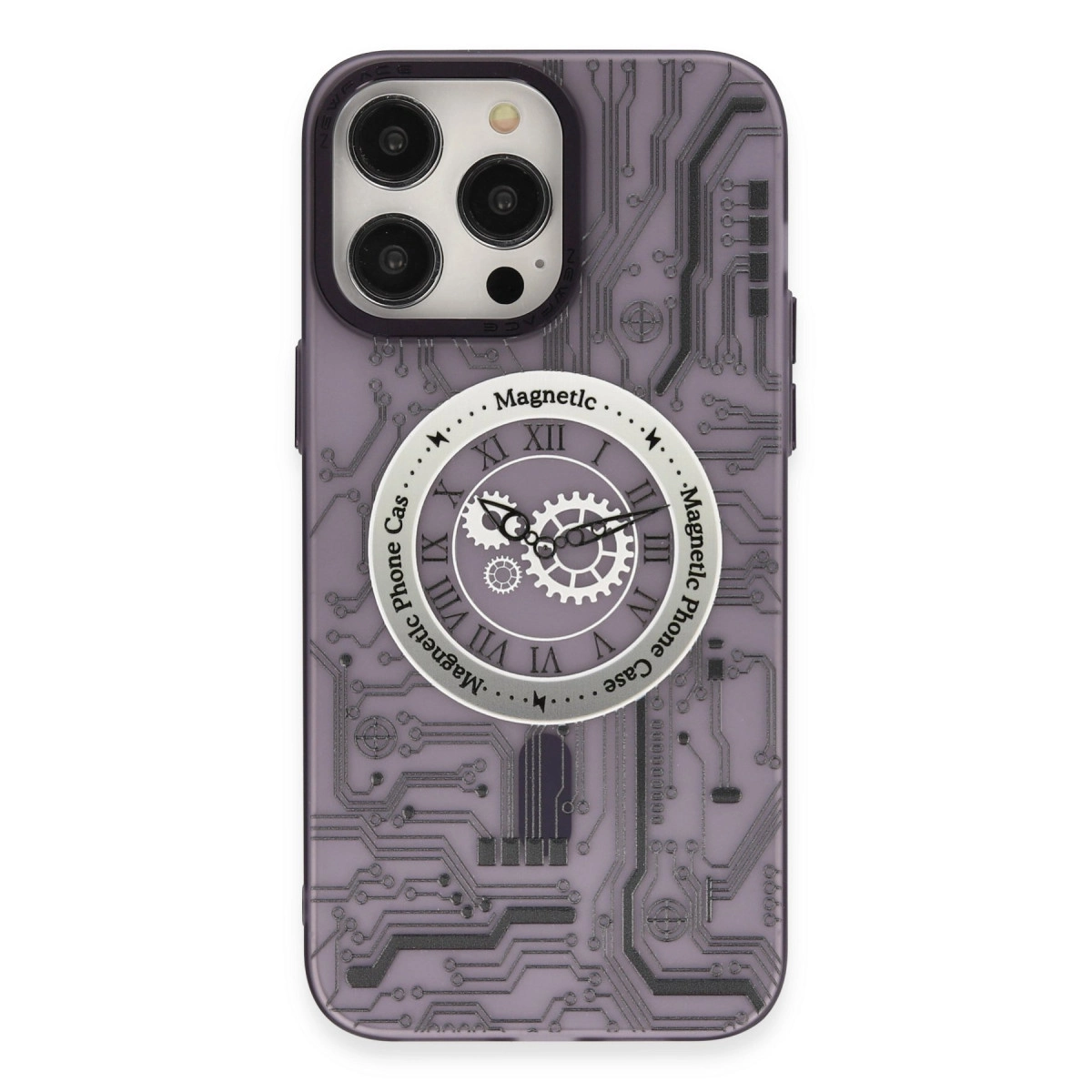 Devre kartı desenli ve saat kadranlı mor telefon kılıfı.