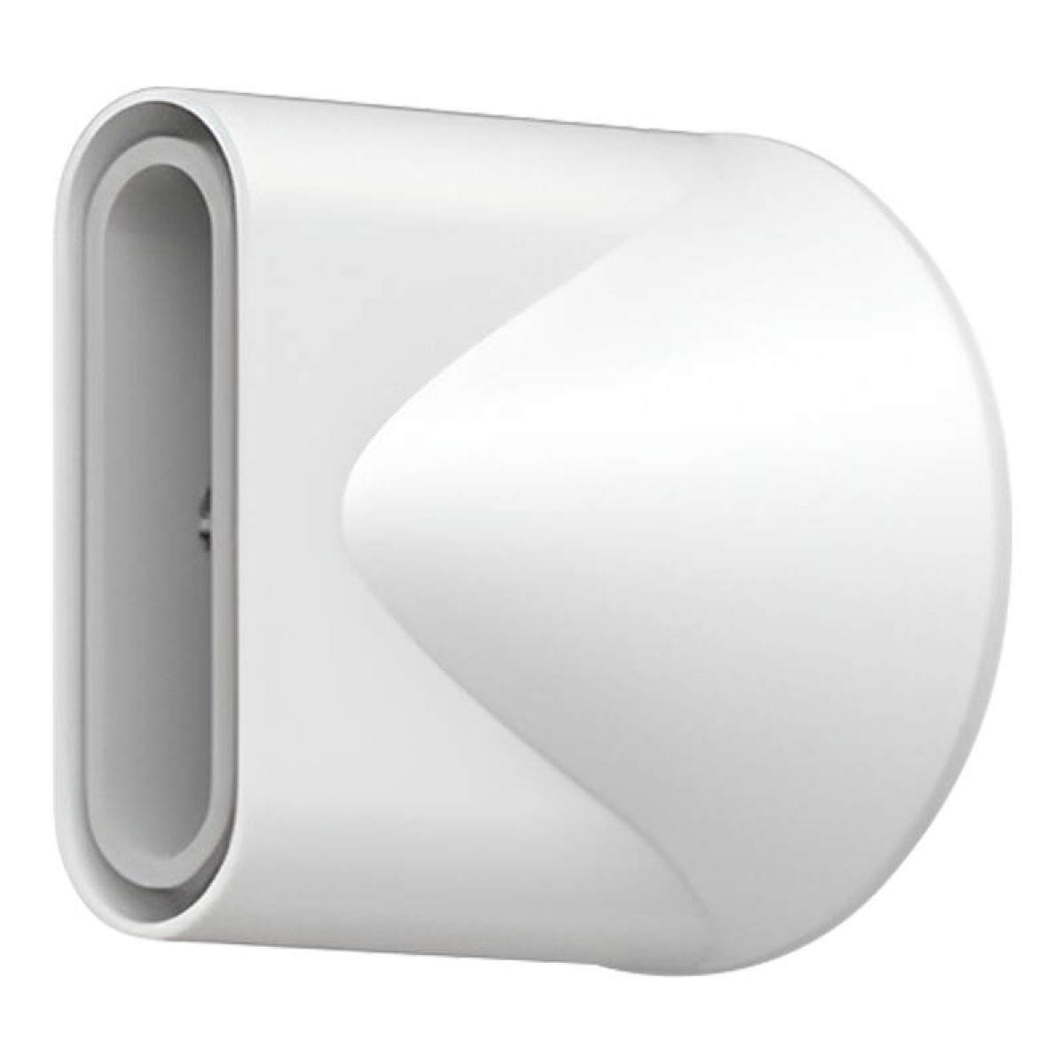 Biała dysza suszarki do włosów z płaskim, owalnym otworem i stożkowym korpusem.