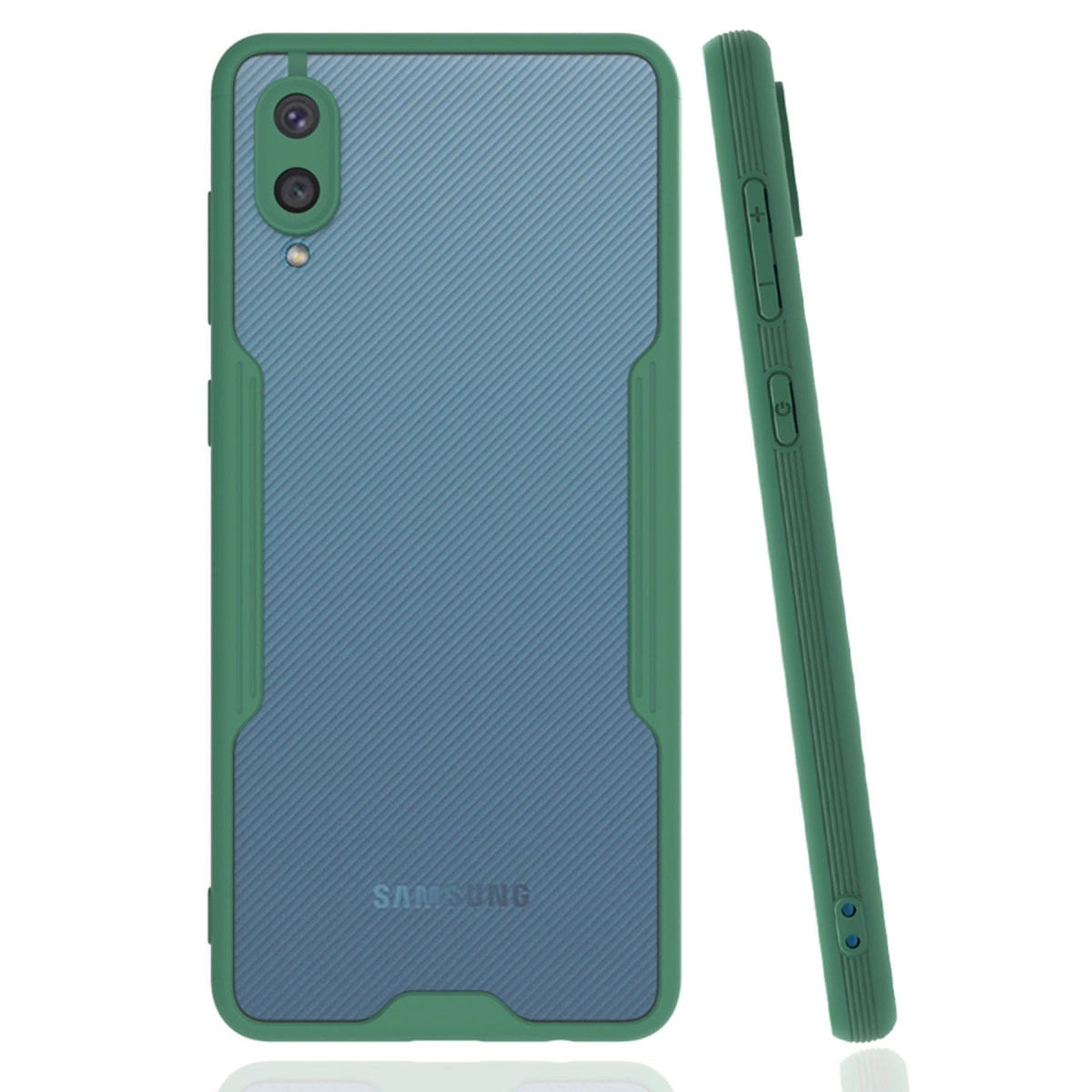 Beyaz arka plan üzerinde mavi arka ve kameralı yeşil telefon kılıfı.