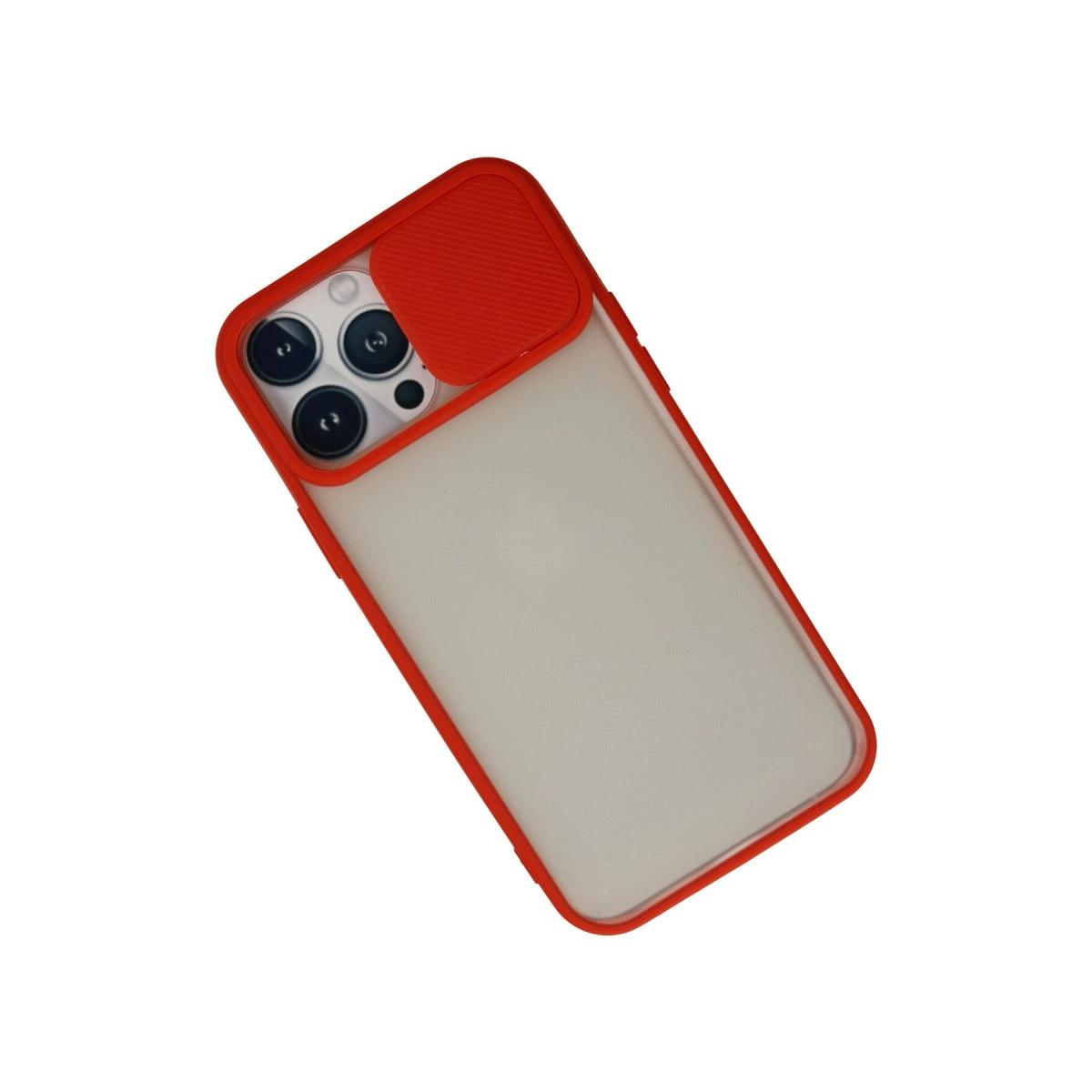Beyaz arka plan üzerinde kaydırılabilir kamera kapaklı kırmızı iPhone kılıfı.
