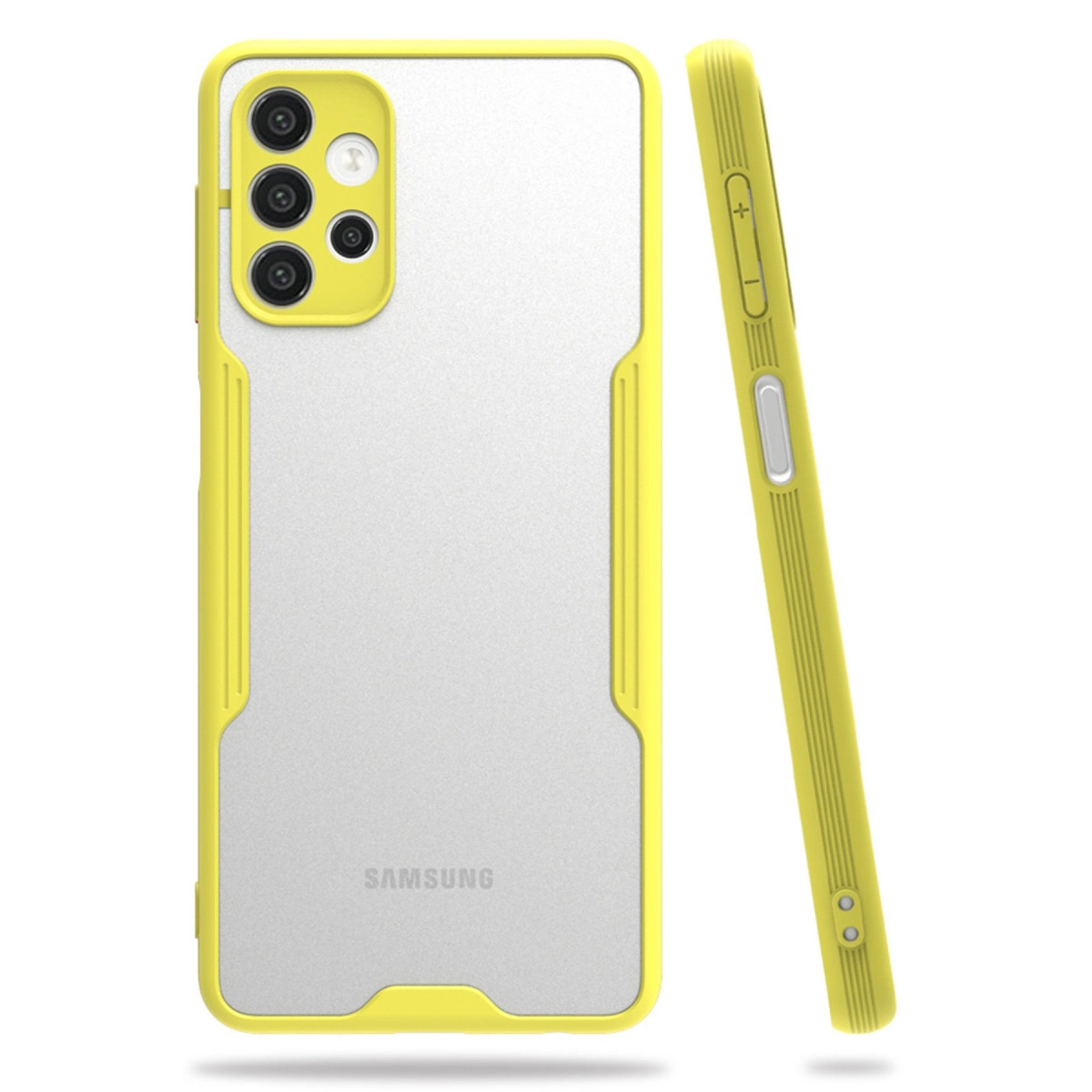 Sarı ve şeffaf telefon kılıfı seti beyaz arka planda.