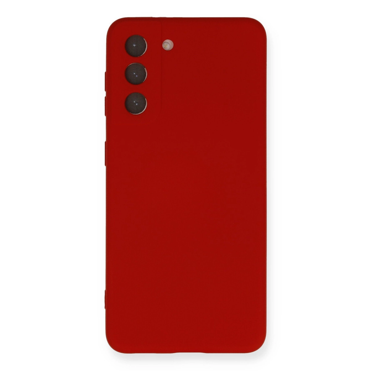 Üç kamera lensli ve flaşlı kırmızı telefon kılıfı, sol üstte, beyaz arka plan üzerinde.