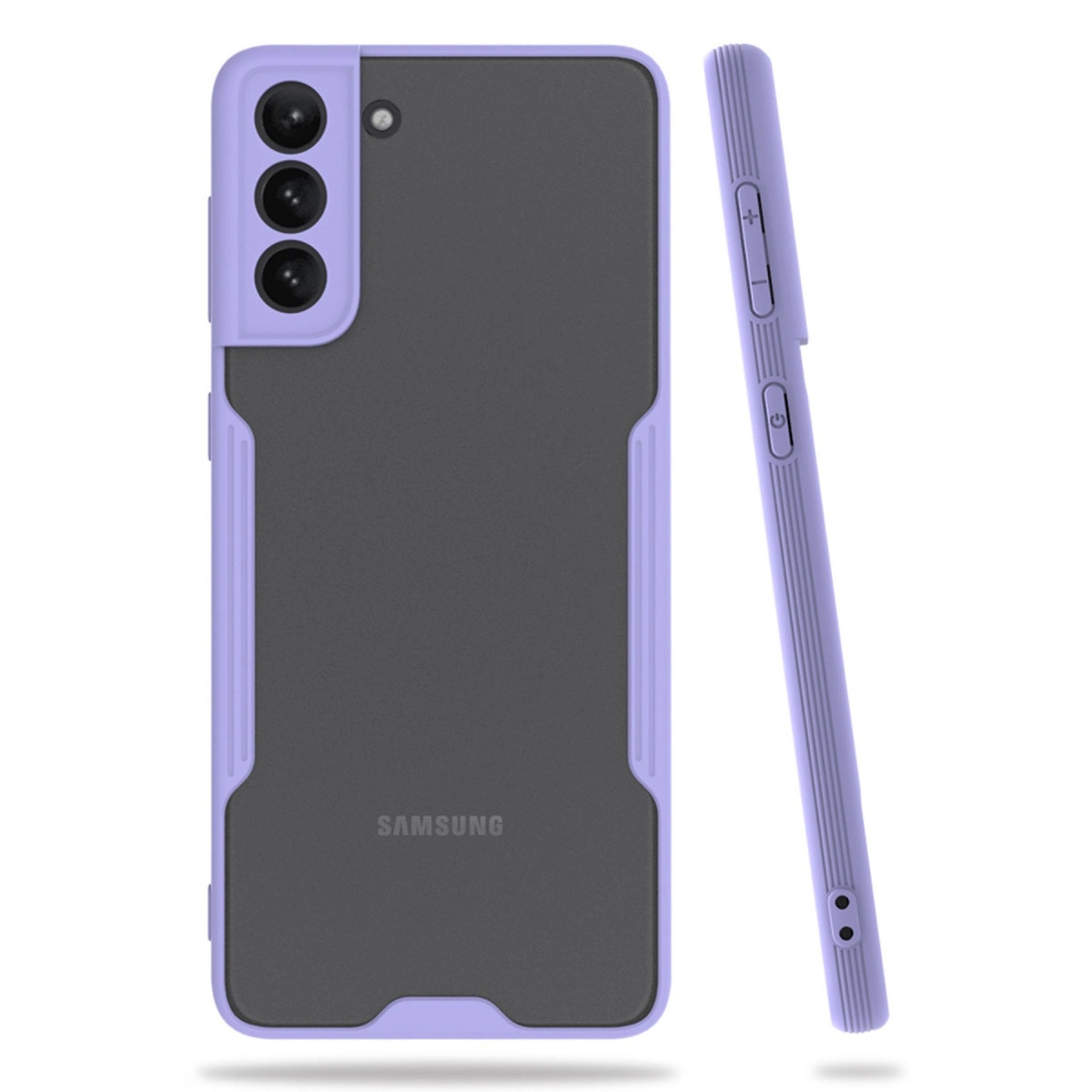 Üç kameralı ve Samsung logolu mor telefon kılıfı, arkadan ve yandan gösteriliyor.