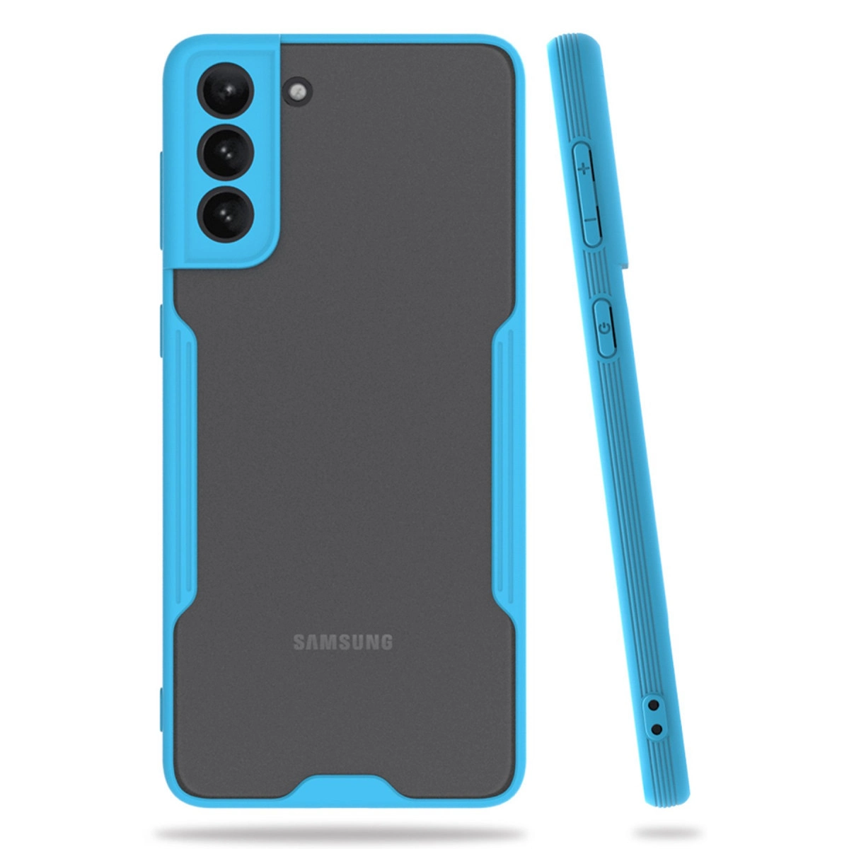 Mavi ve gri telefon kılıfı. Arkada üçlü kamera kurulumu bulunur.