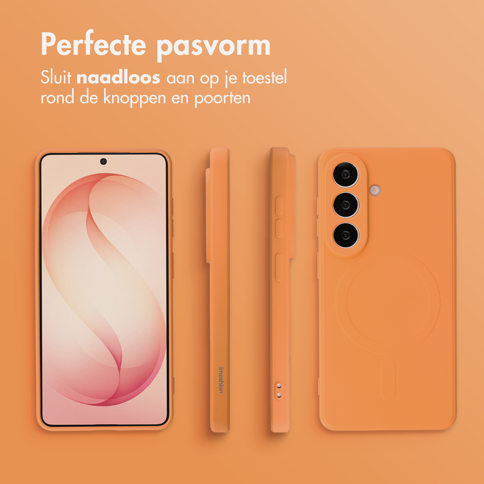 Een oranje smartphone met hoesje en een aparte hoes ernaast.