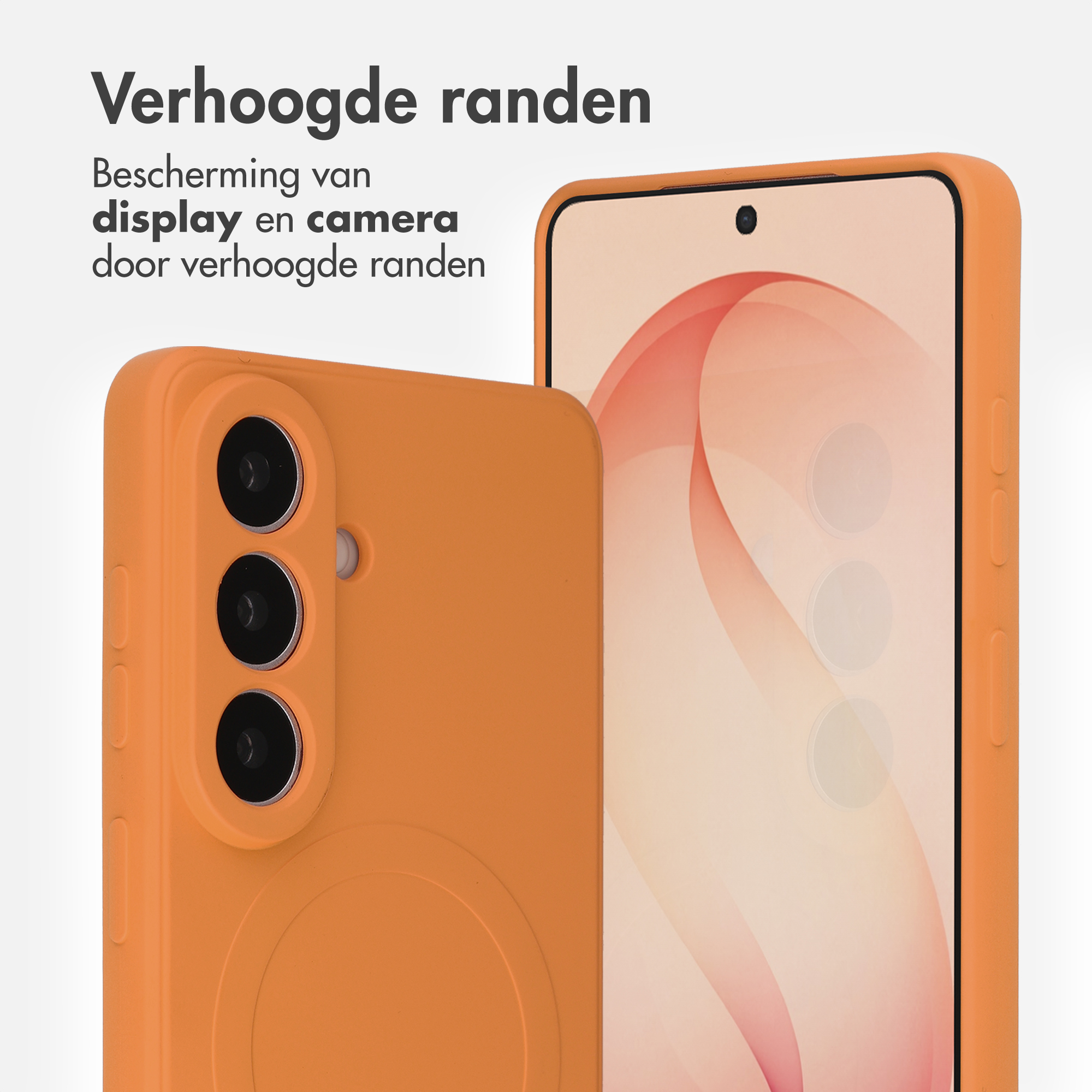 Oranje telefoonhoes toont drievoudige camera en smartphone-scherm.