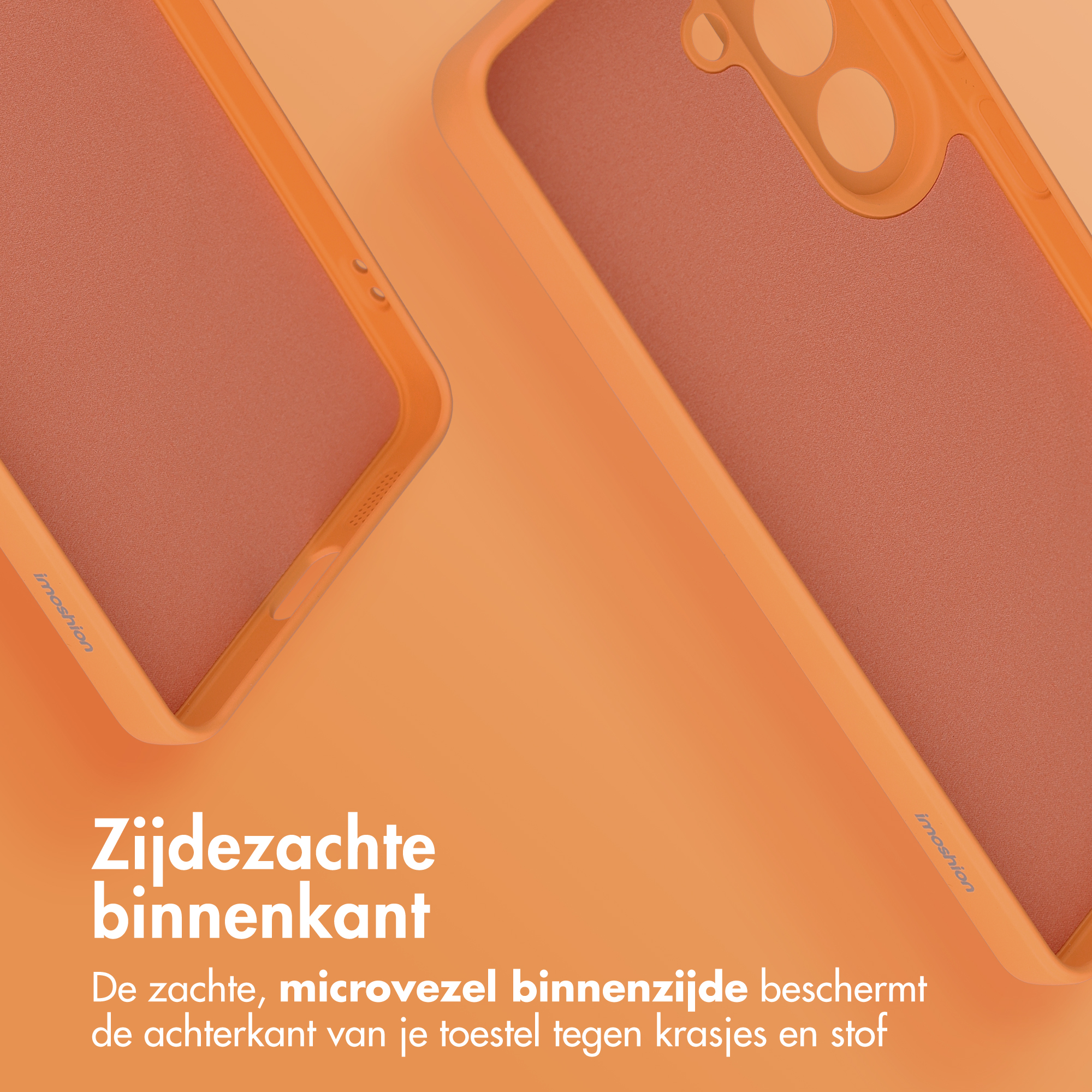 Oranje telefoonhoesje met microvezel voering, close-up.