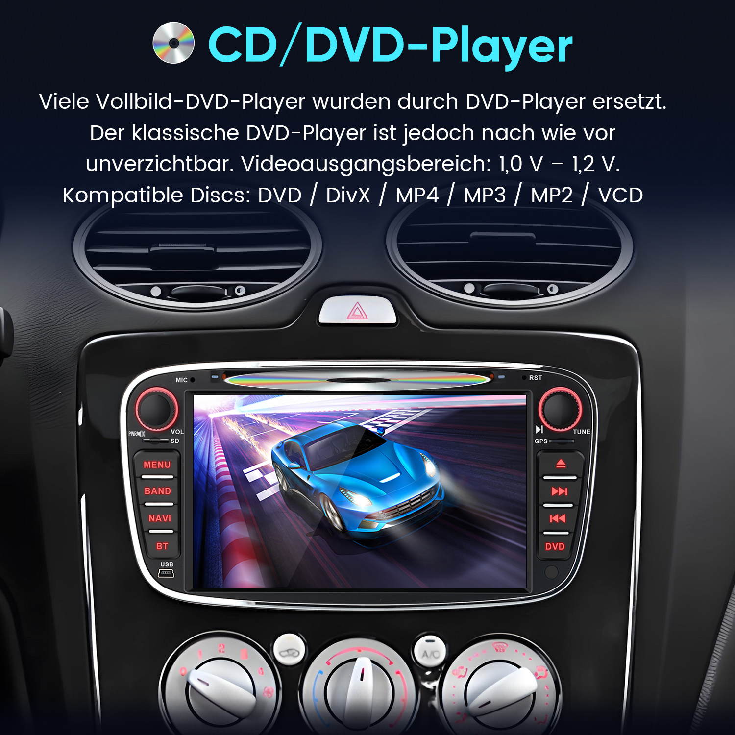Ein Auto-CD/DVD-Player mit Touchscreen, der ein Rennauto zeigt.