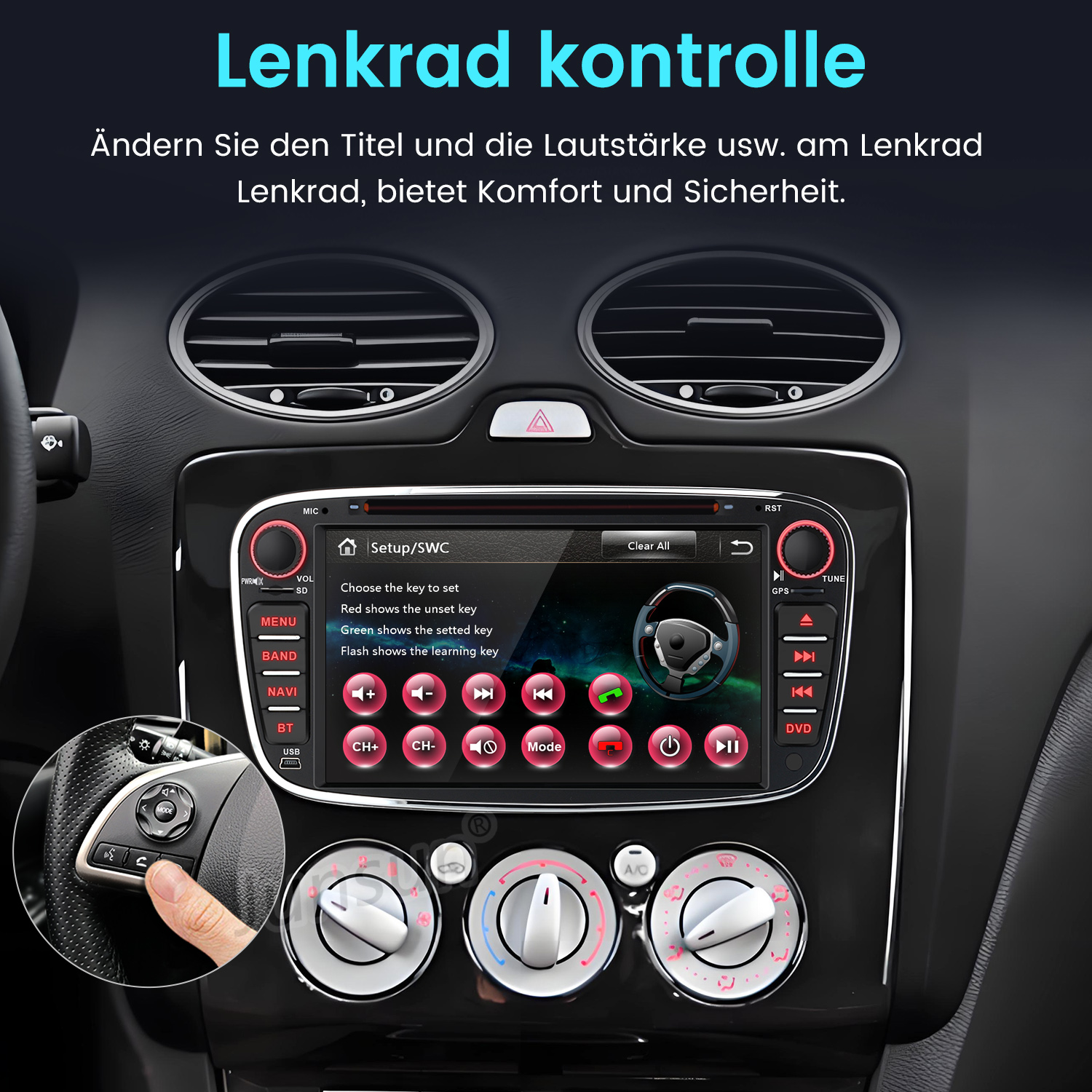 Autoinnenraum mit Fokus auf das Lenkrad und das Infotainmentsystem.
