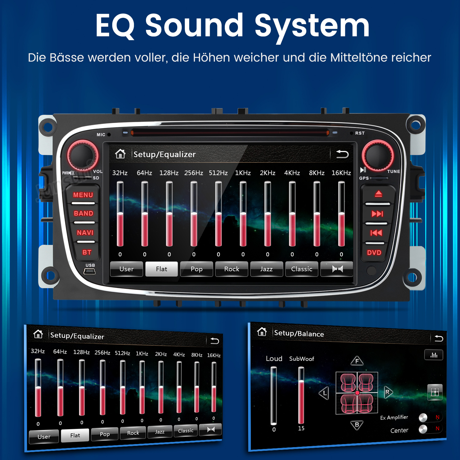 Car stereo display showing EQ settings with sliders and balance controls.