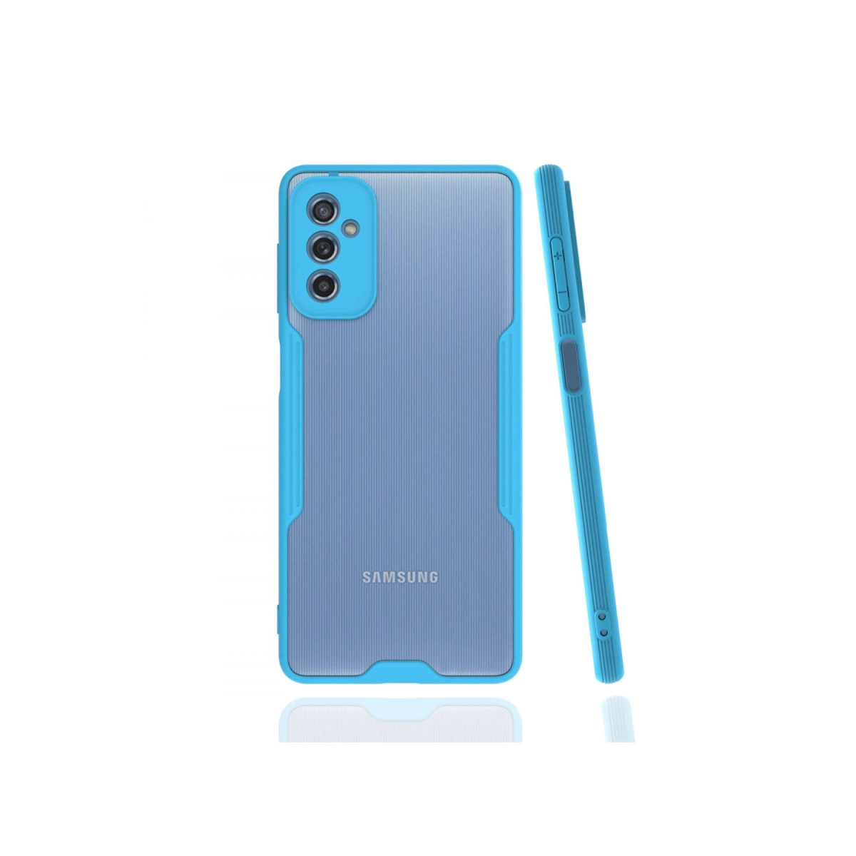 Şeffaf arka ve kamera modülüne sahip mavi telefon kılıfı beyaz zeminde.