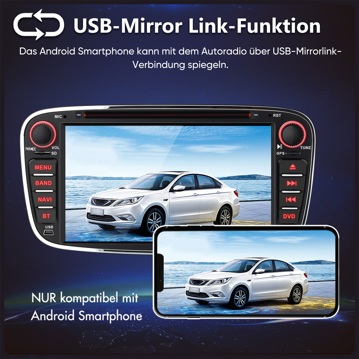 Ein Autoradio zeigt ein weißes Auto vor einem blauen Himmel. Eine Smartphone-Ansicht spiegelt es.