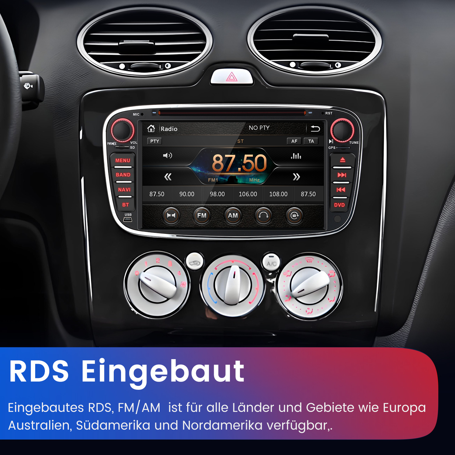 Ein Autoradio mit Touchscreen, Knöpfen und Lüftungsschlitzen.