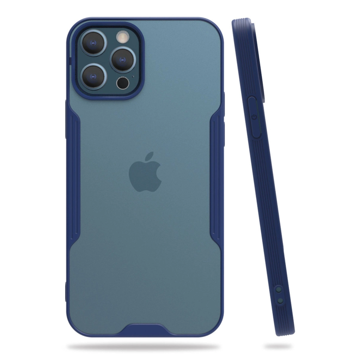 Apple logolu mavi iPhone kılıfı. Solda arka yüz, sağda yan profil.