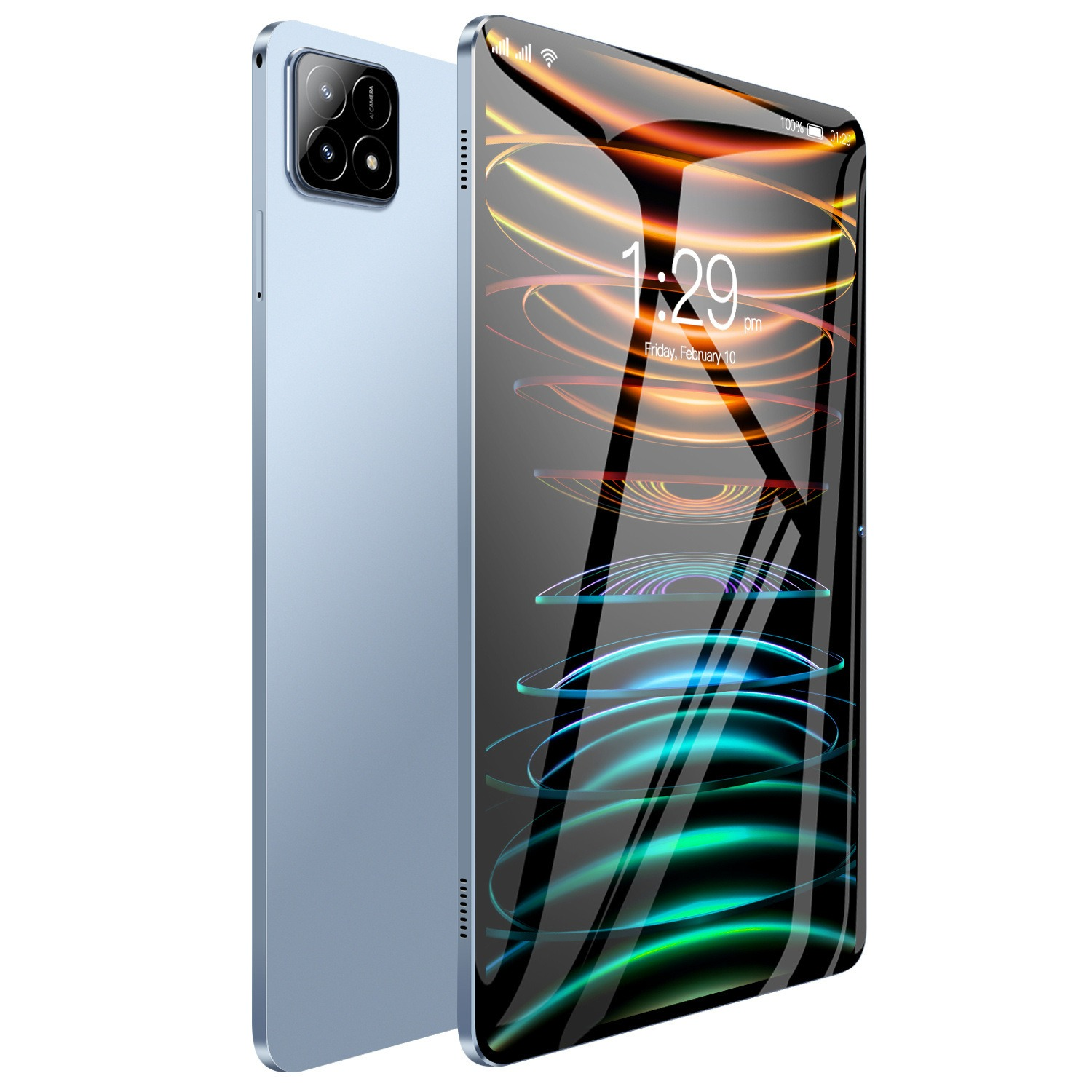 Ein hellblaues Smartphone mit einem Dreifachkamera-Modul wird gezeigt. Der Bildschirm zeigt 1:29 Uhr.