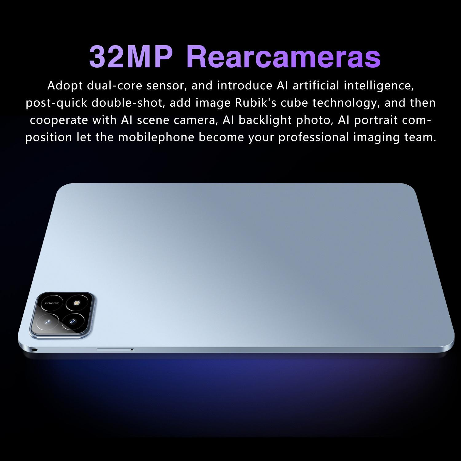 Ein hellblaues Tablet mit einer 32MP-Rückkamera und einem KI-Logo.