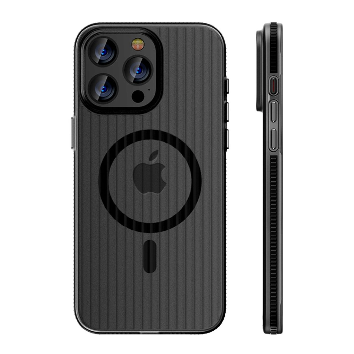 Apple logosu ve kamera kesimli siyah nervürlü iPhone kılıfı, önden ve yandan görünüyor.