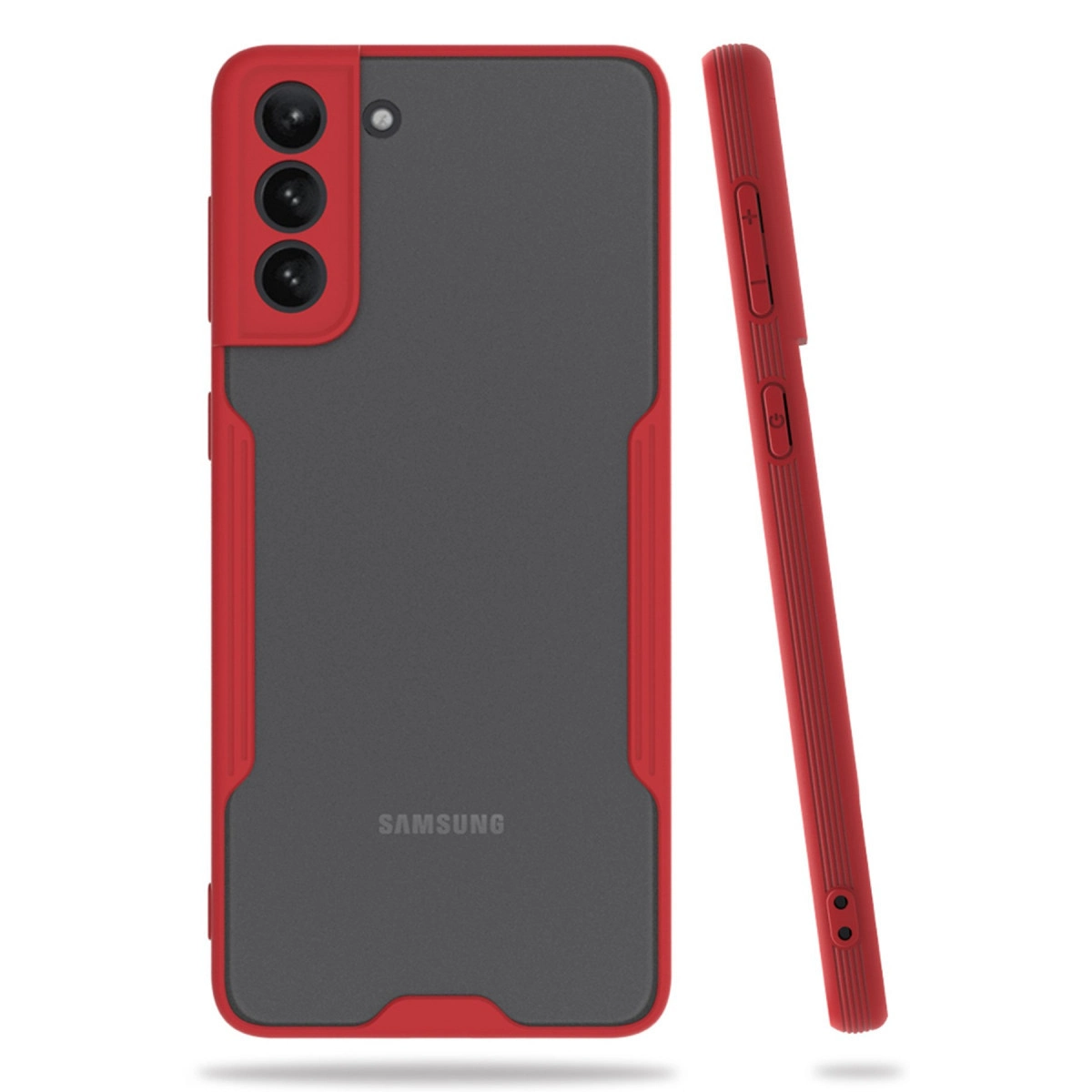 Üç kameralı, Samsung logolu kırmızı ve gri telefon kılıfı.