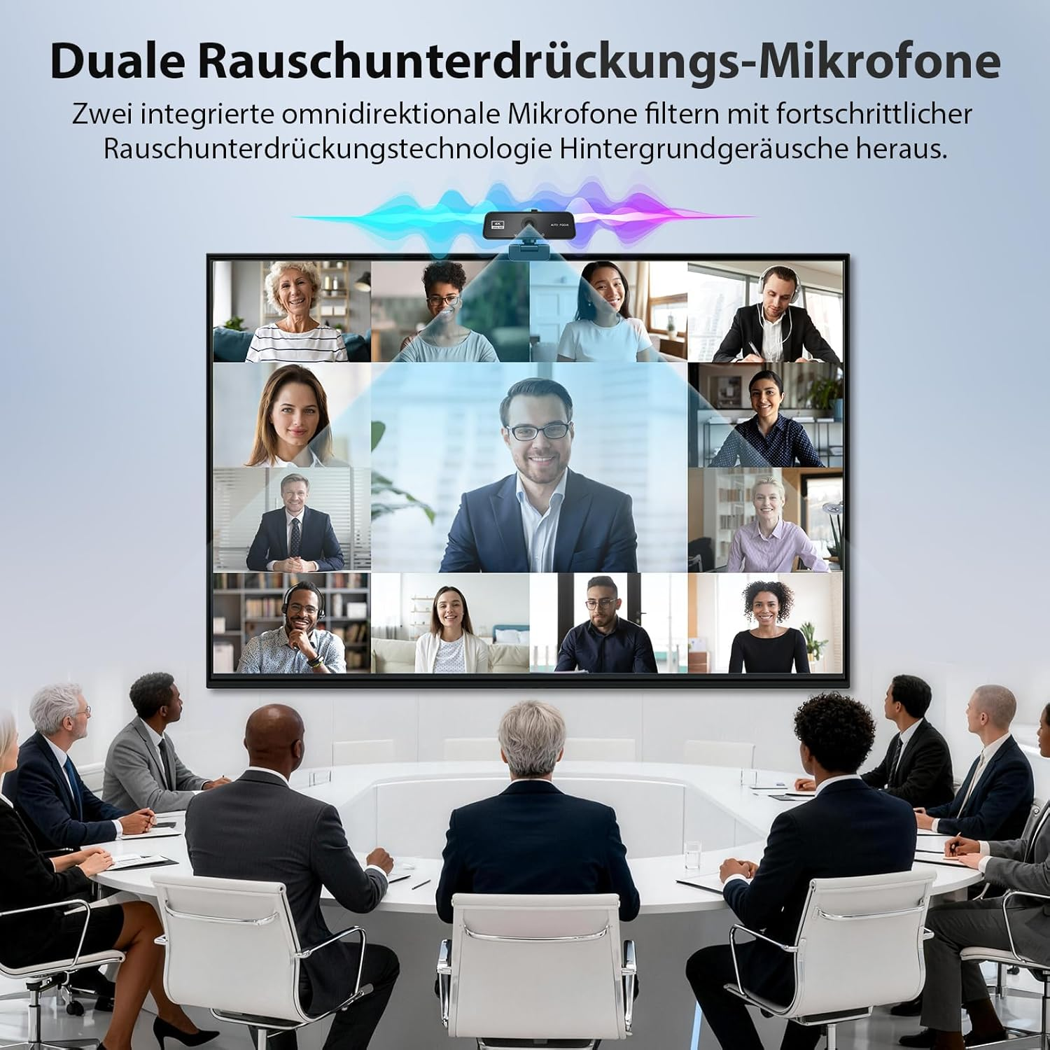 Besprechungsraum mit Personen, die auf einen Bildschirm schauen, der eine Videokonferenz zeigt.