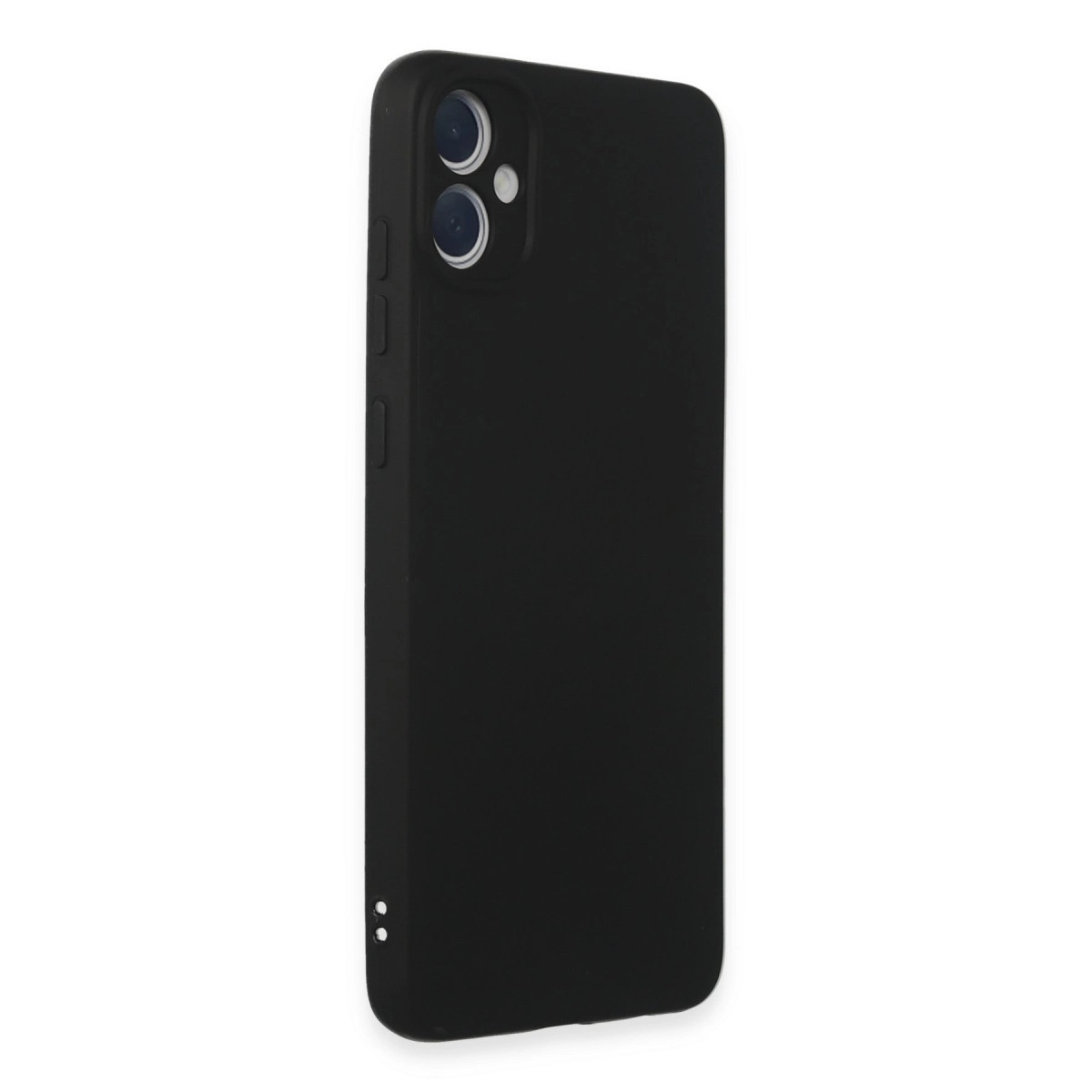 Çift kamera kesimli, yan düğmeli siyah telefon kılıfı.
