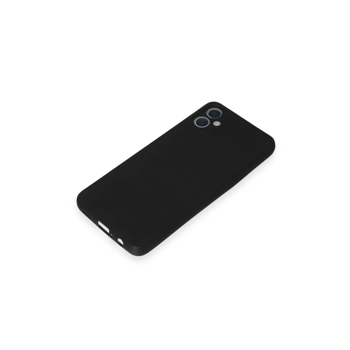 Beyaz arka plan üzerinde iki kamera lensli siyah telefon kılıfı.