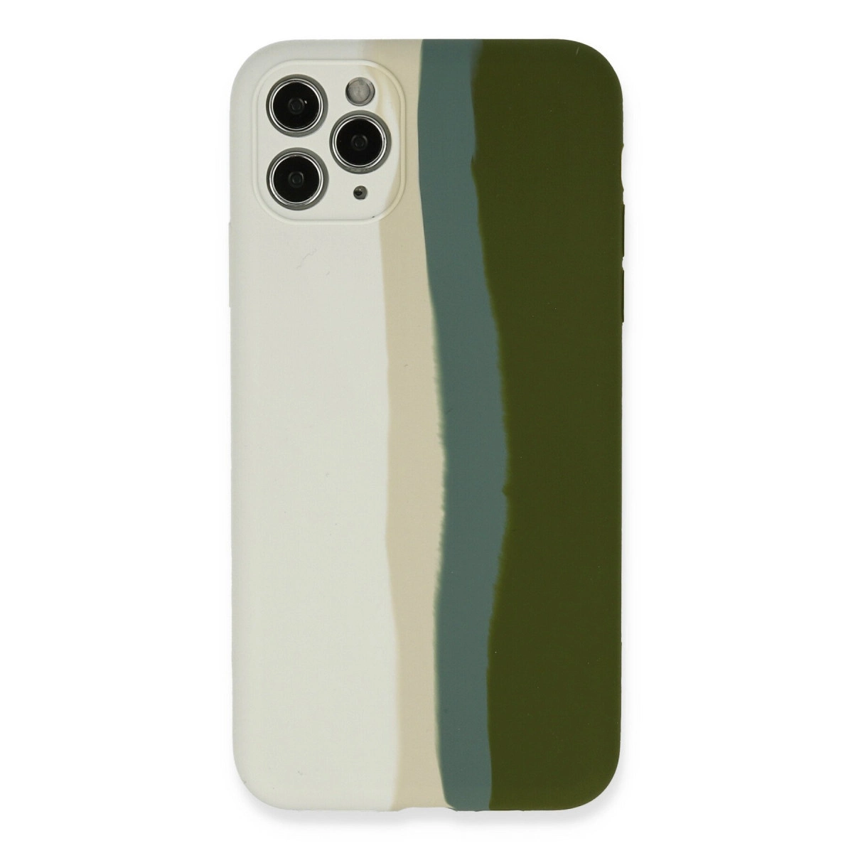 Bej, gri ve koyu yeşil dikey şeritlere sahip beyaz telefon kılıfı.