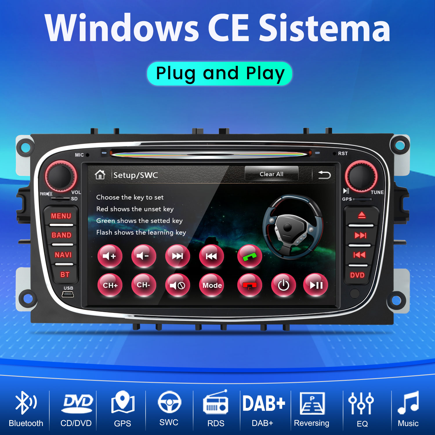 Autoradio mit Windows CE Sistema, Plug and Play, zeigt Einstellungsmenü.