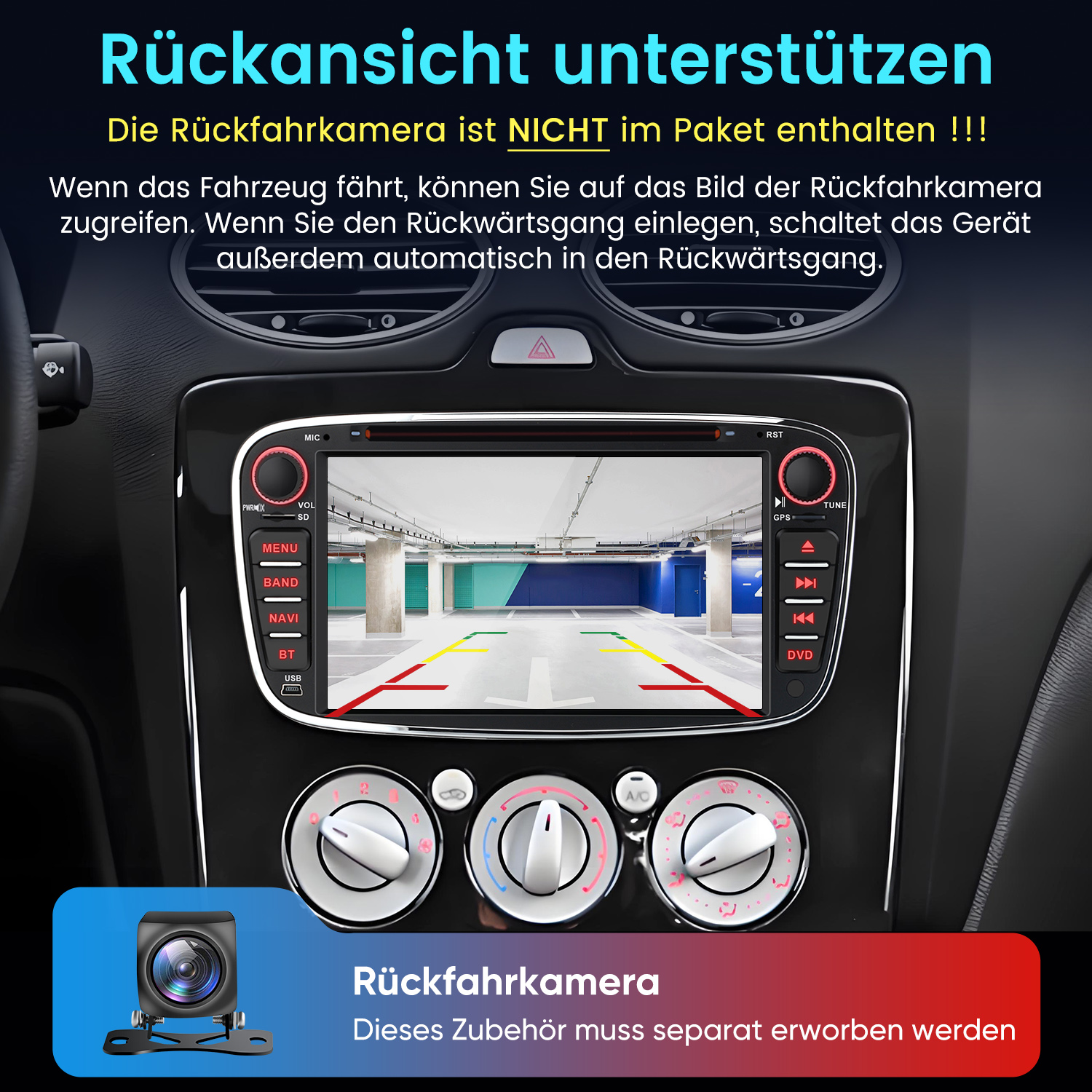 Autoradio zeigt Parkplatz-Ansicht einer Rückfahrkamera mit farbigen Linien.