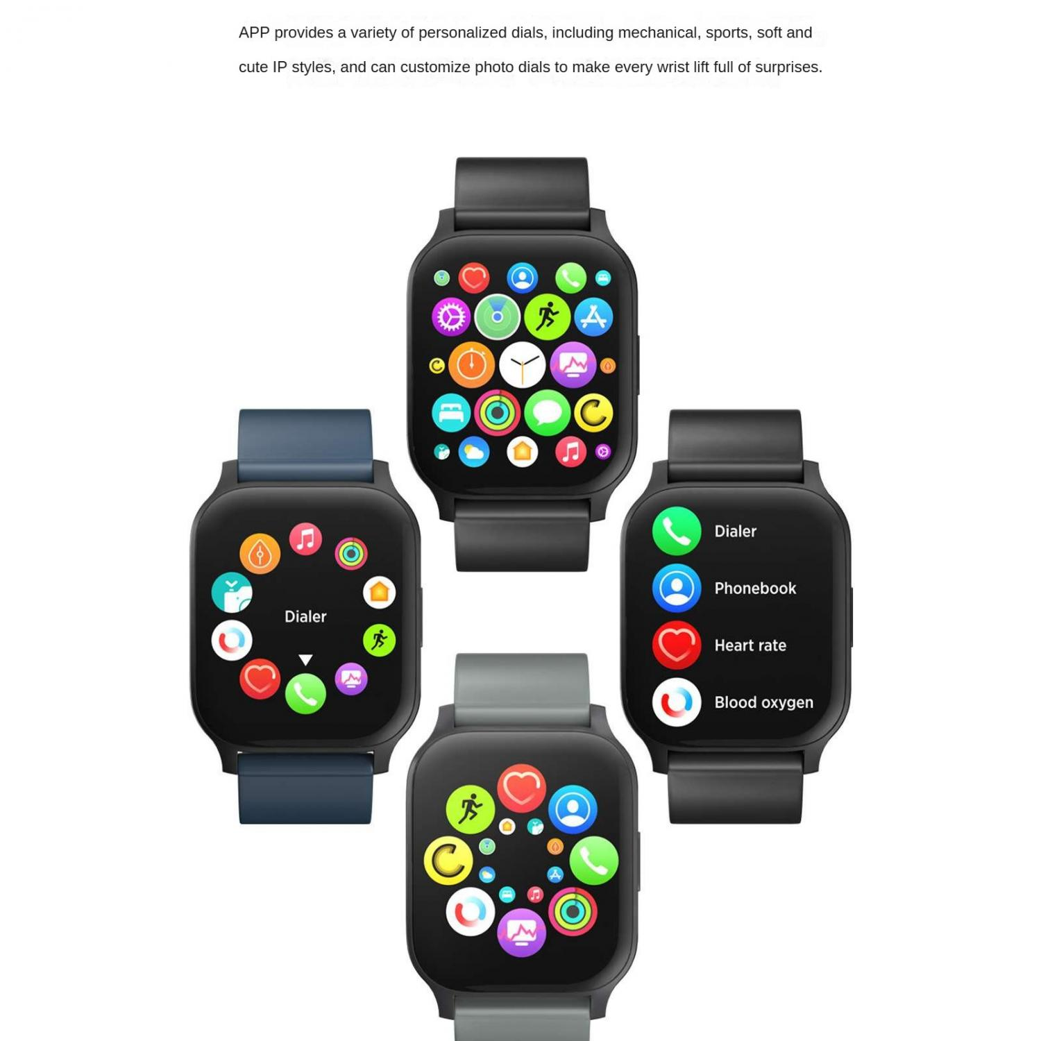 Vier Smartwatches mit verschiedenen Zifferblättern und Menüs.