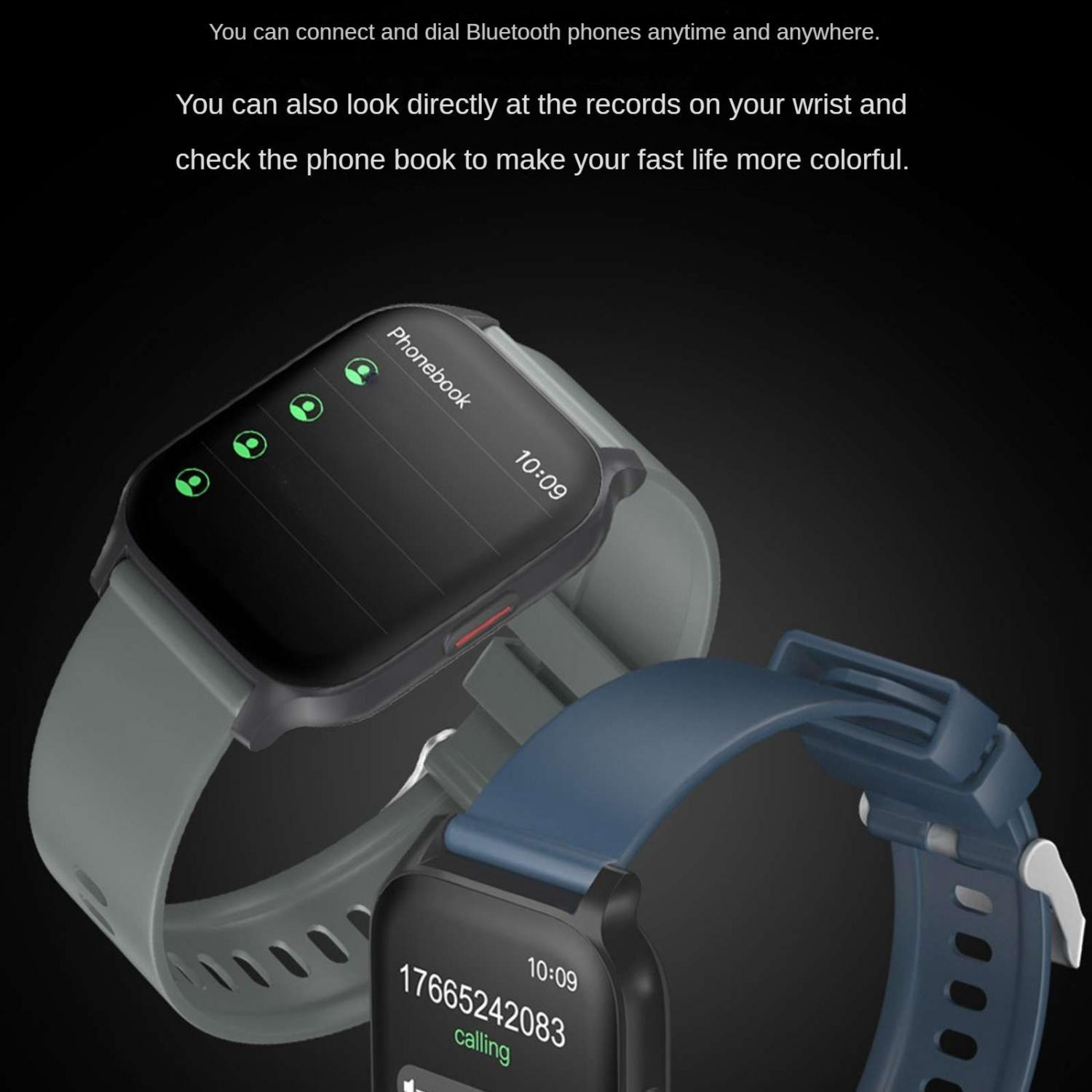 Zwei Smartwatches, eine graue mit Telefonbuch, eine blaue mit Anrufanzeige.