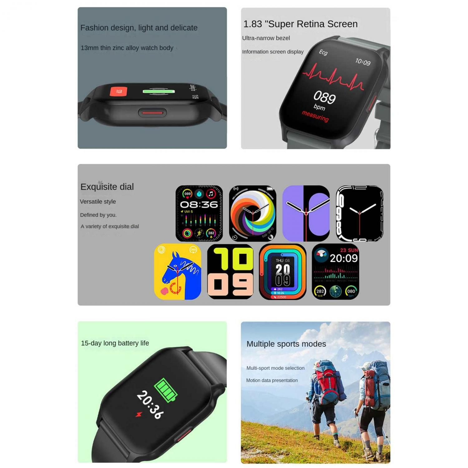 Smartwatch-Display mit EKG-Messung, Zifferblättern, Akkuanzeige und Wanderern.