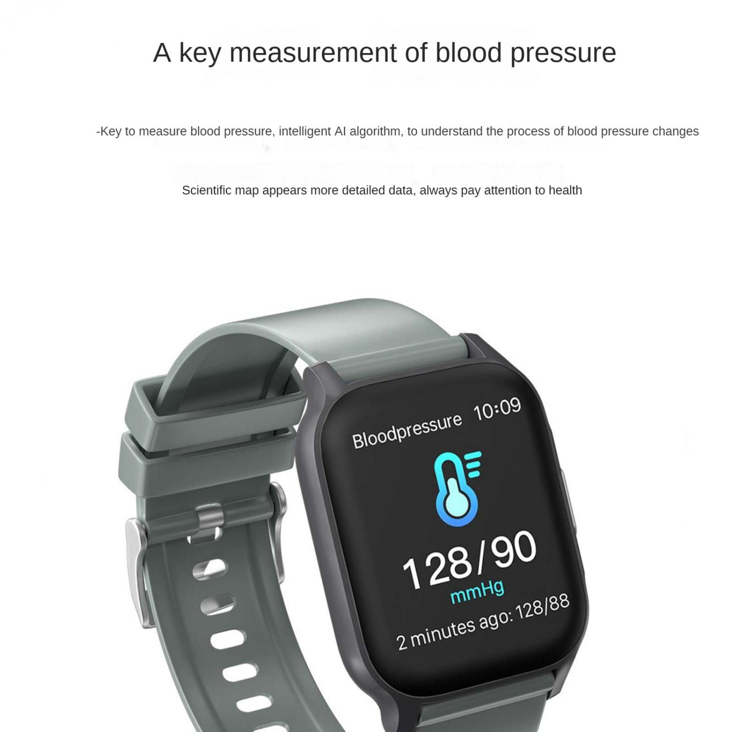 Eine Smartwatch zeigt den Blutdruck an: 128/90 mmHg, 10:09, vor 2 Min.: 128/88.