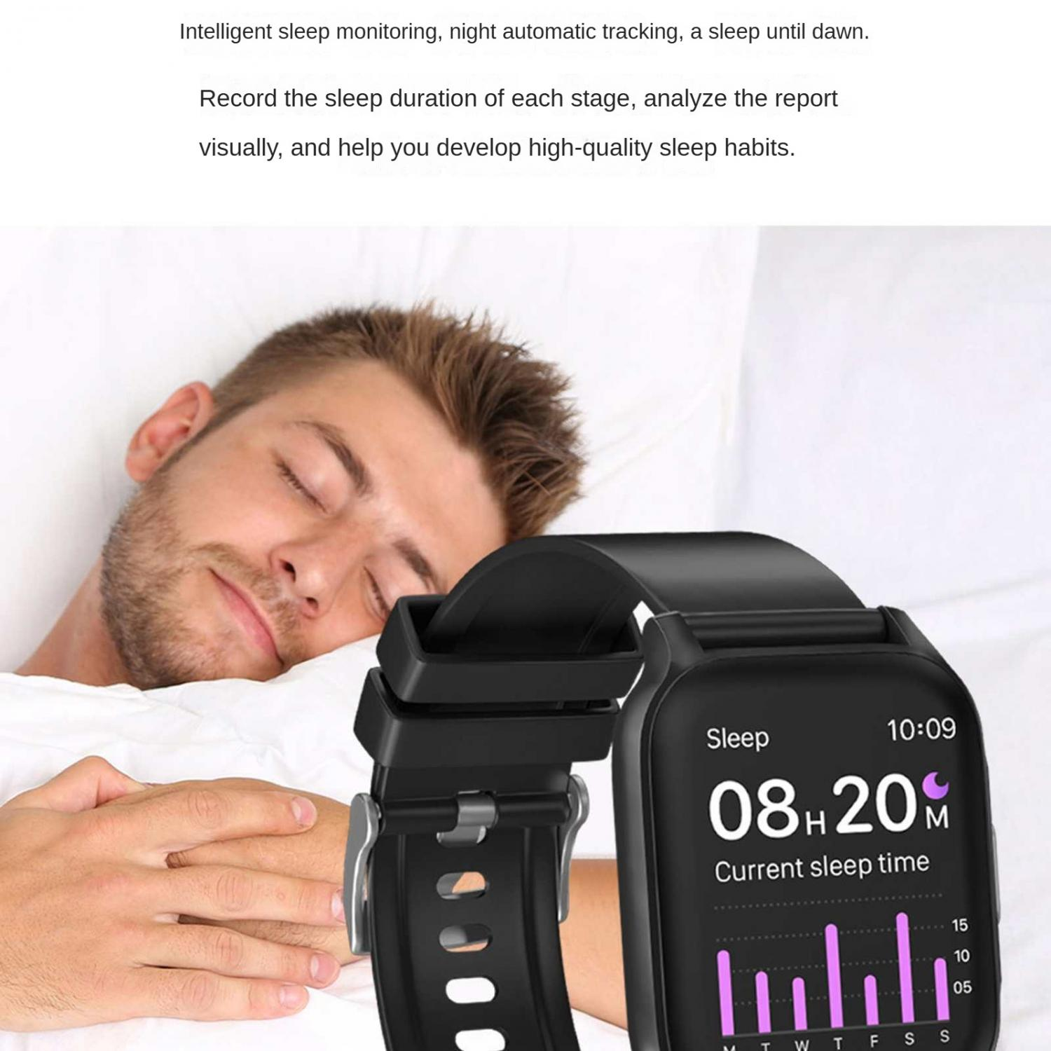 Ein Mann schläft, eine Smartwatch zeigt Schlafdaten an.