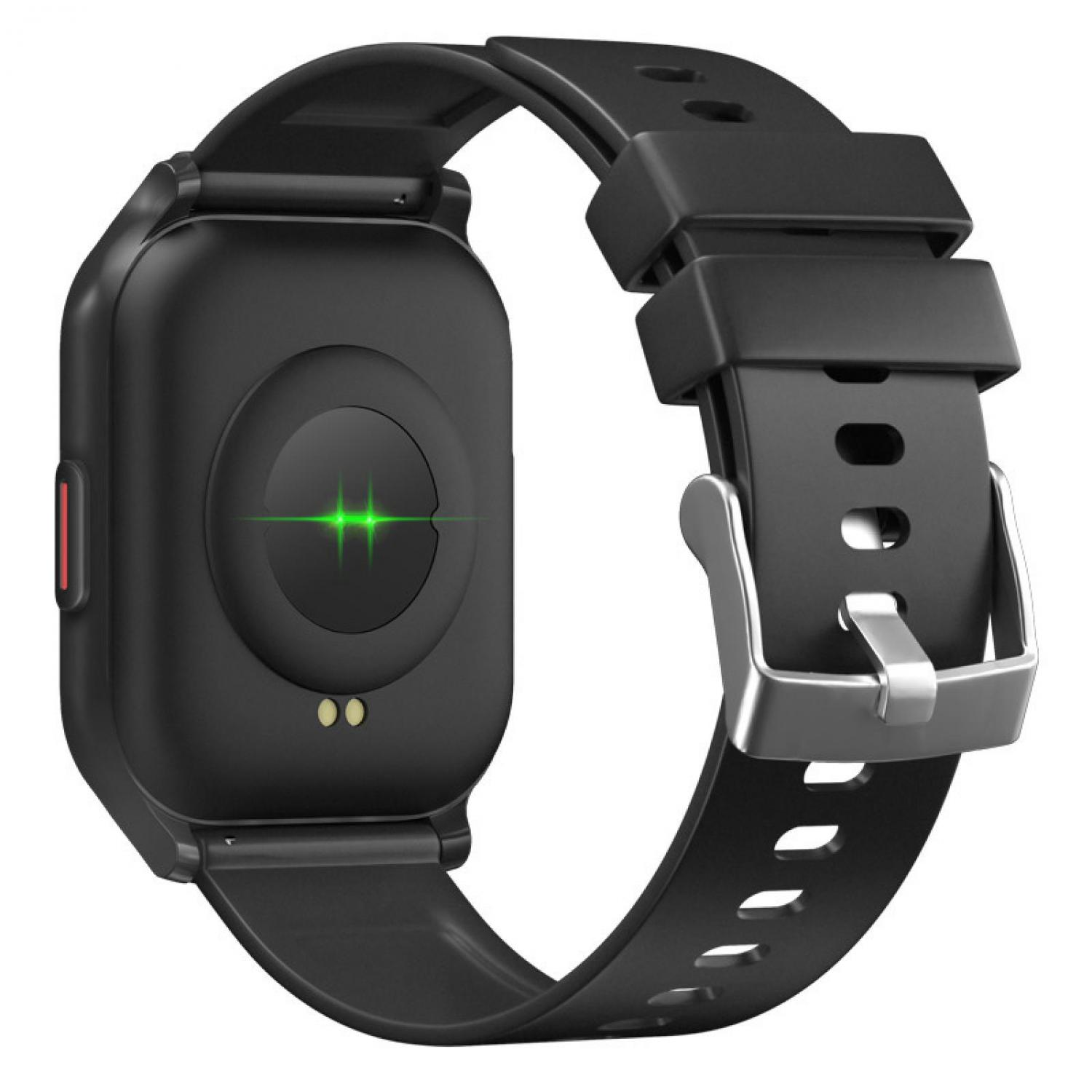 Schwarze Smartwatch mit Herzfrequenzsensor und silberner Metallschnalle.