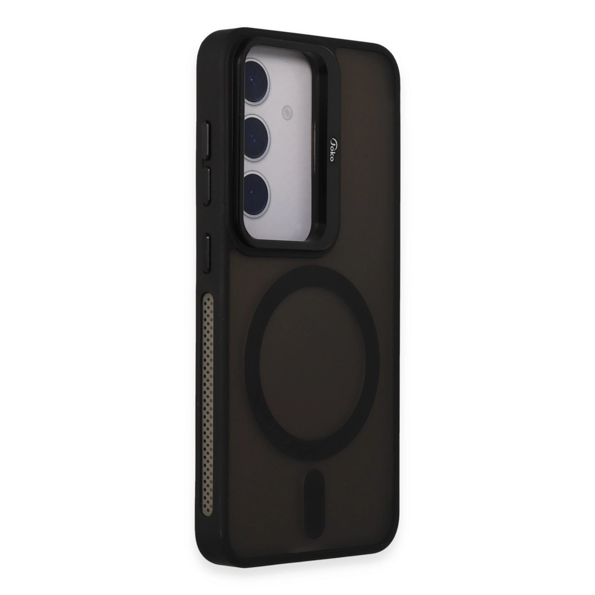 Kamera kesimli, manyetik halkalı siyah telefon kılıfı.