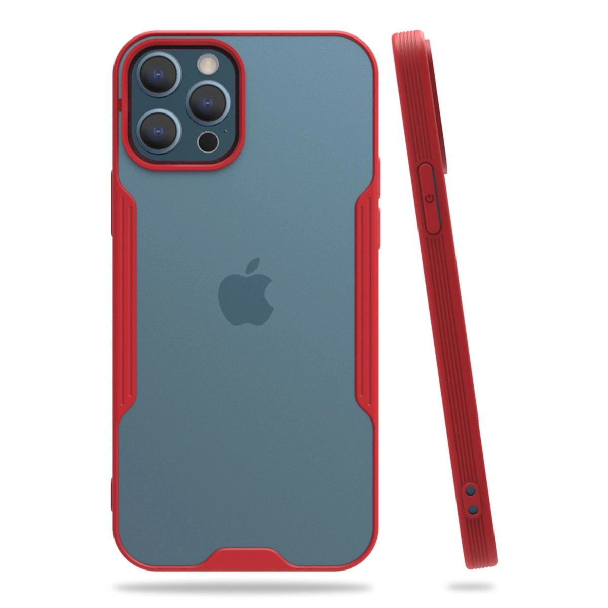 Kırmızı kenarlı, yarı saydam mavi iPhone kılıfı, Apple logosu bulunur.