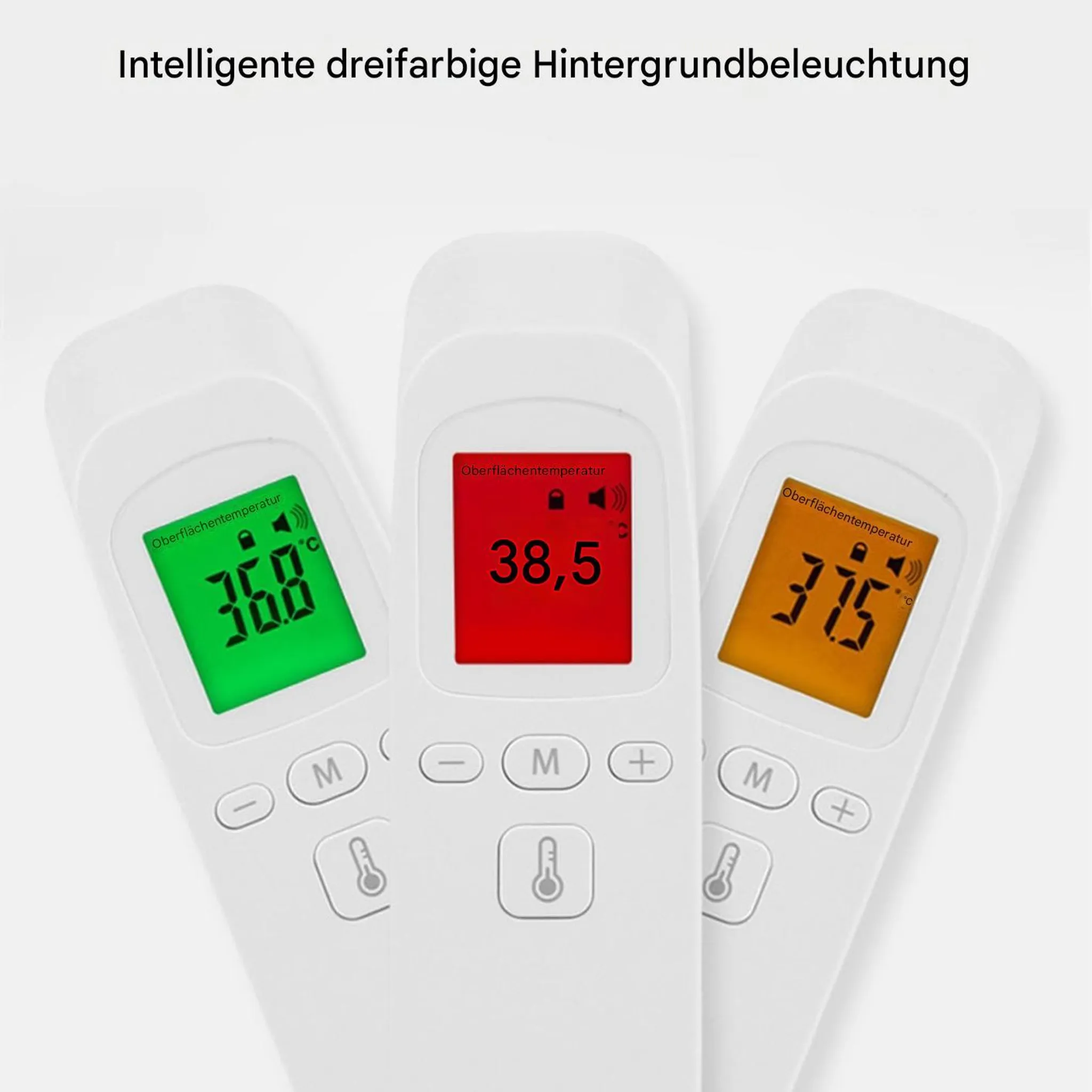 Drei digitale Thermometer mit verschiedenen Temperaturen und Hintergrundfarben.