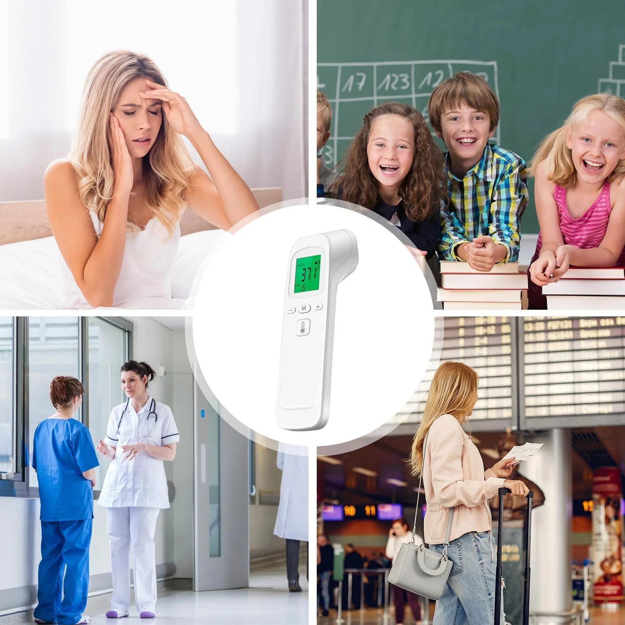 Collage zeigt Fiebermessen, Schulkinder, Krankenschwestern und eine Reisende am Flughafen.