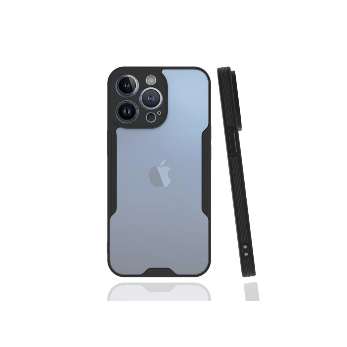 Üç kameralı, siyah kenarlı mavi iPhone kılıfı.