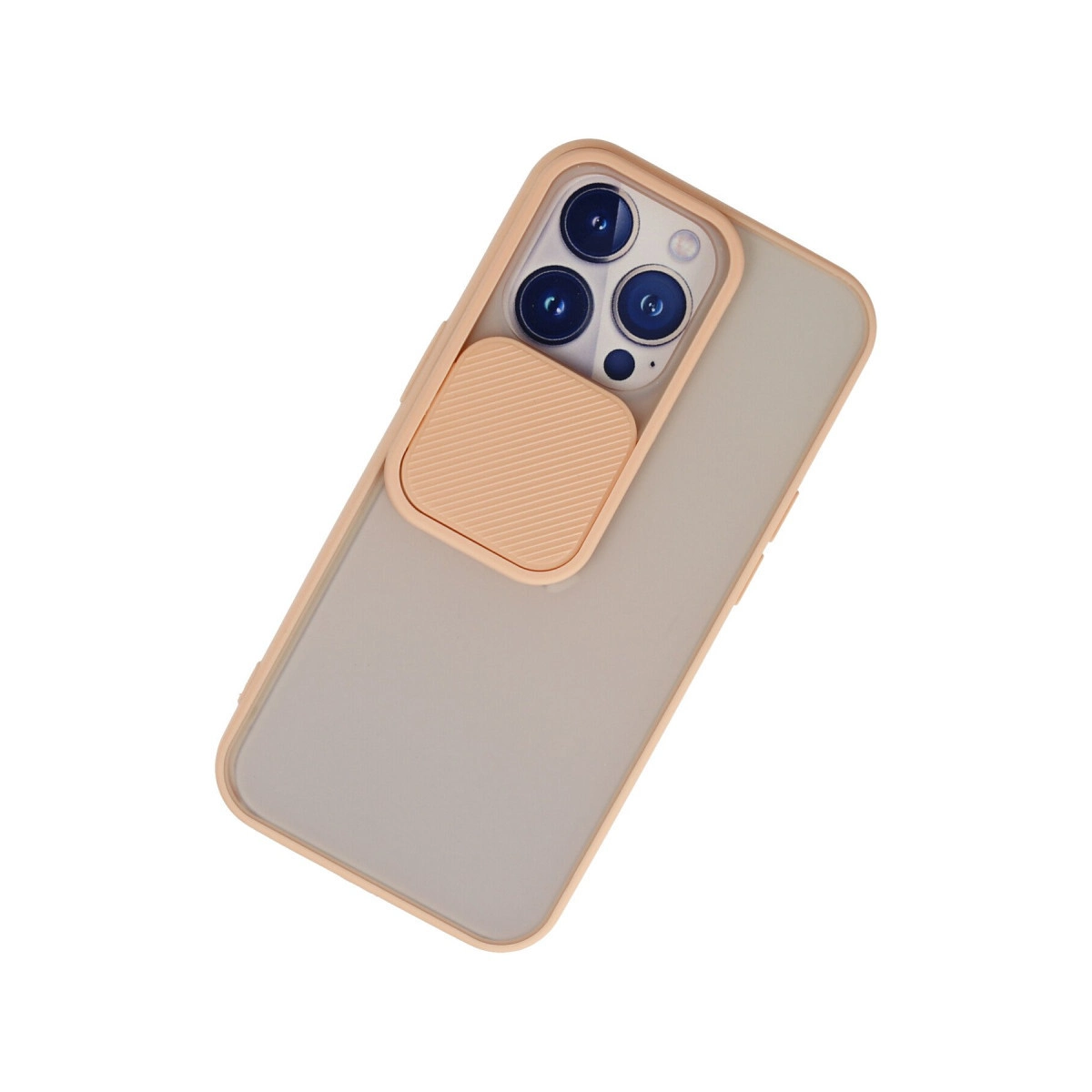 Şeftali renkli kamera sürgülü gri telefon kılıfı, beyaz zeminde.