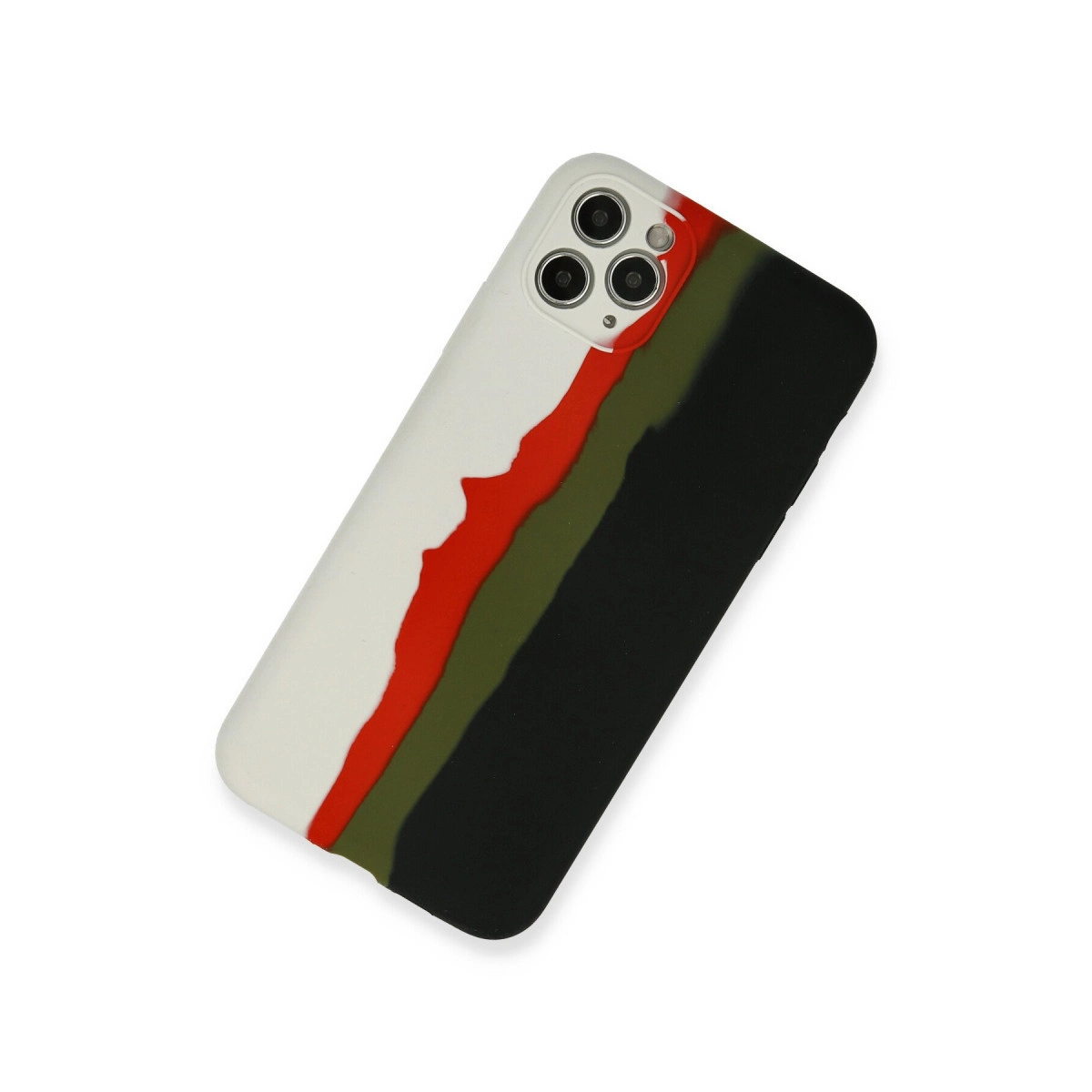 Siyah iPhone kılıfı, beyaz, kırmızı ve yeşil çizgili.