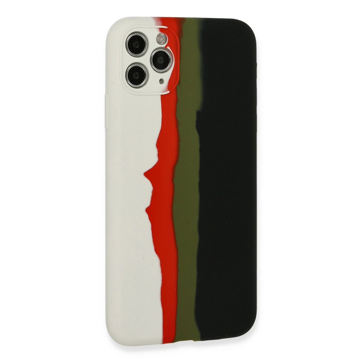Kırmızı, zeytin yeşili ve siyah şeritli beyaz telefon kılıfı.