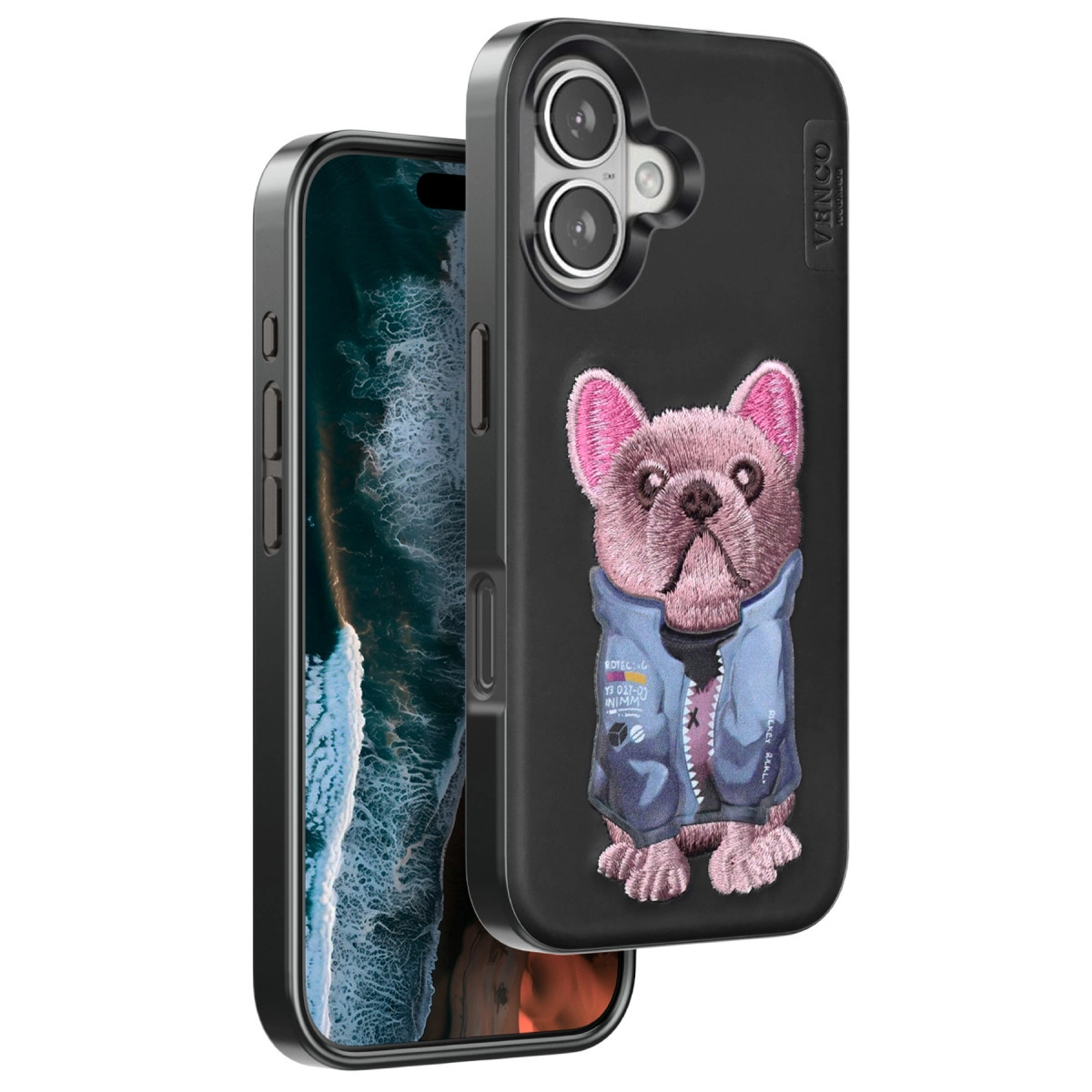 Mavi ceket giymiş Fransız bulldog nakışlı siyah telefon kılıfı.