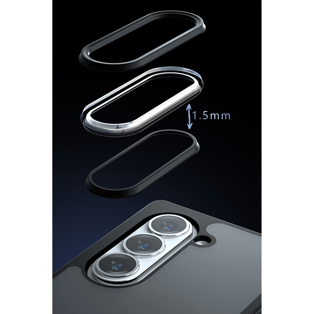 Üst üste konulmuş üç çerçeve, telefon kamera çerçevesinin 1,5 mm kalınlığını gösteriyor.