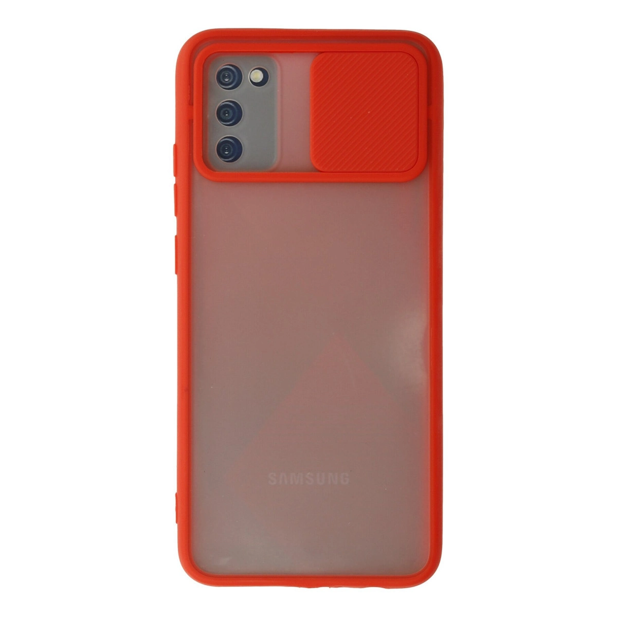 Kamera kapaklı ve Samsung logolu kırmızı telefon kılıfı.