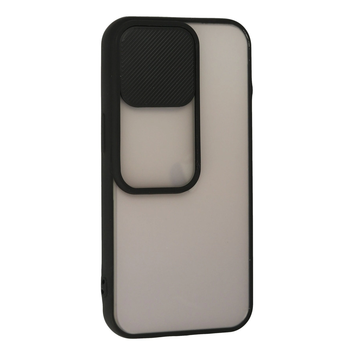 Şeffaf arka ve lens korumalı siyah telefon kılıfı.