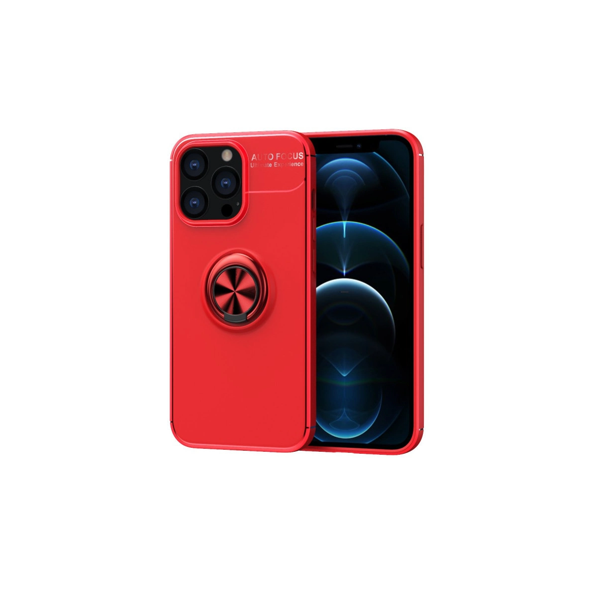 Halka tutuculu ve üç kameralı kırmızı telefon kılıfı. Arka plan akıllı telefon ekranı.