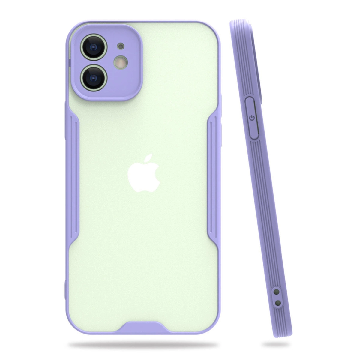 Mor vurgulu, açık yeşil telefon kılıfı. Arkada Apple logosu görünüyor.