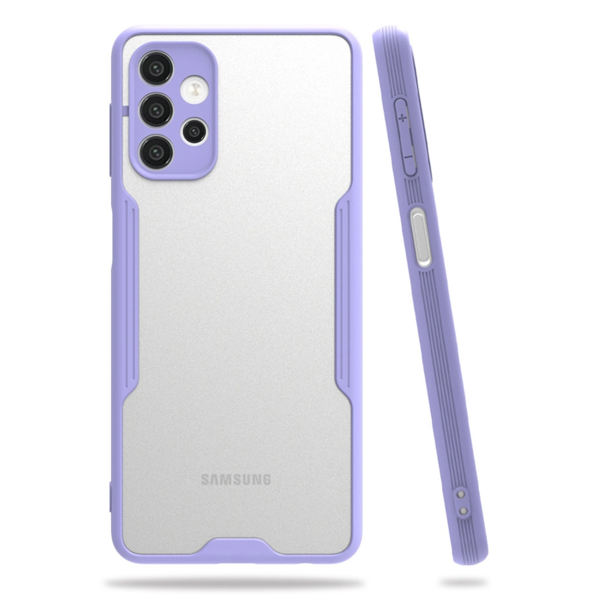 Kamera lensleri ve Samsung logosu gösteren mor ve şeffaf telefon kılıfı.